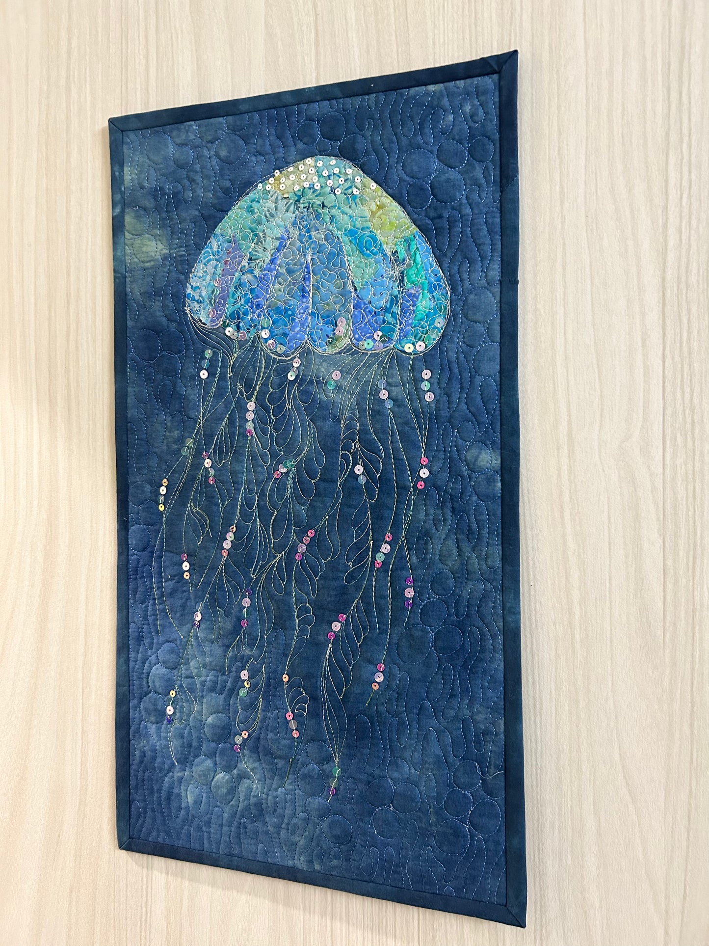Jellyfish Textile wall Art quilt | Small Ocean Art As Beach House Decor