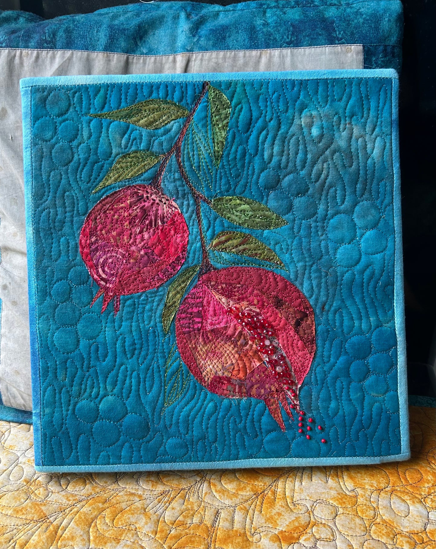 Pomegranate wall art , textile art canvas