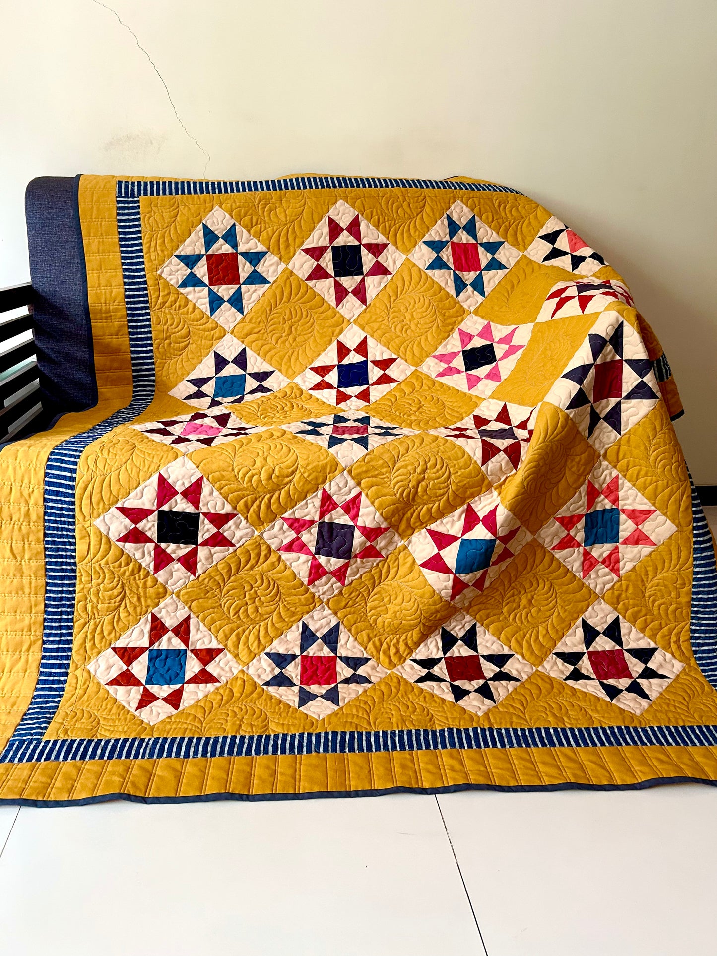 Mustard Reproduction Quilt | Handmade Homemade Throw Quilt | Colorful Patchwork Quilt | Geometric Cotton Quilt | 59 x 71