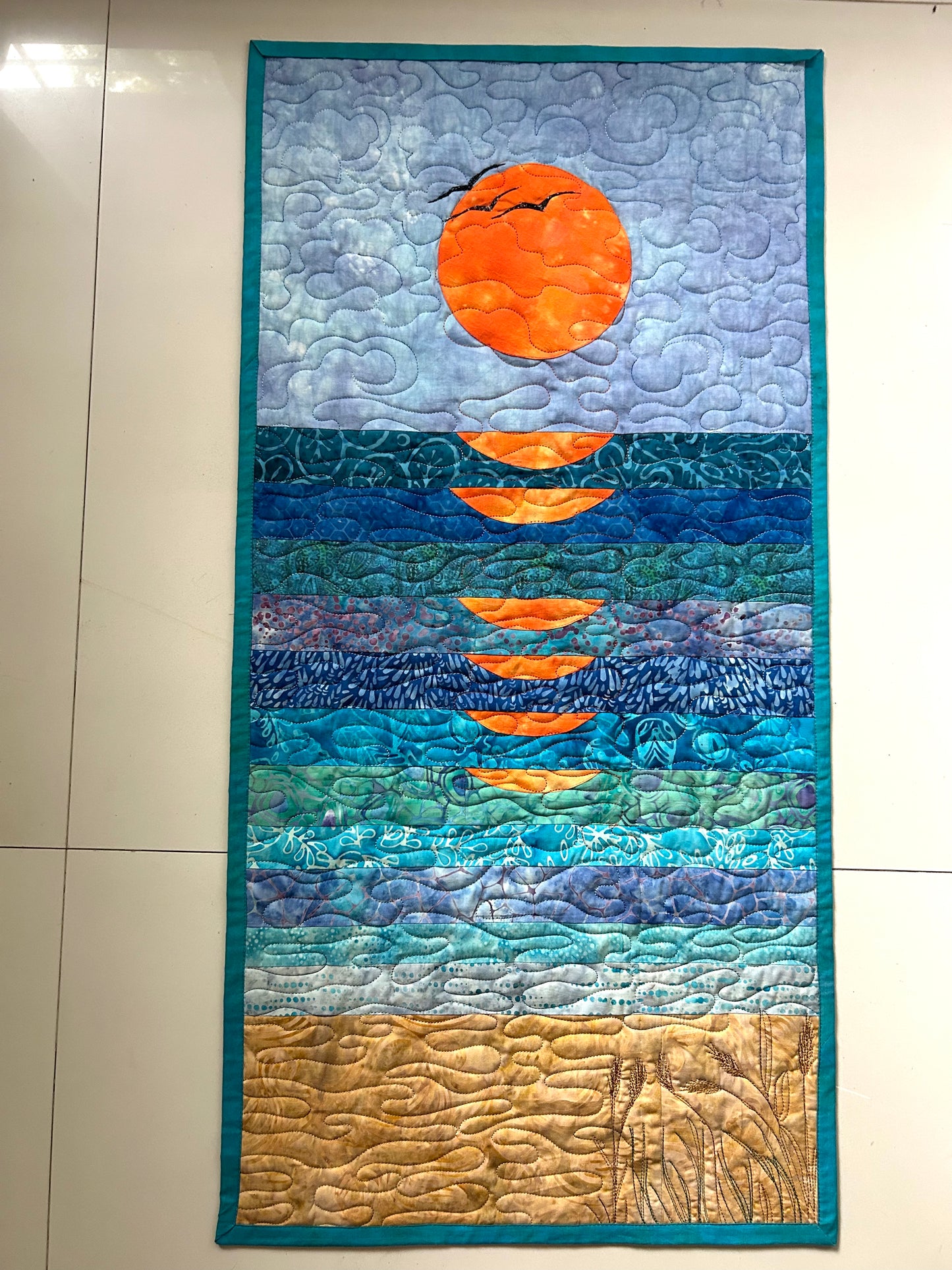 Modern Sun Wall Art Quilt – Handmade Ocean Sunset Fiber Art (16 x 32 inches)