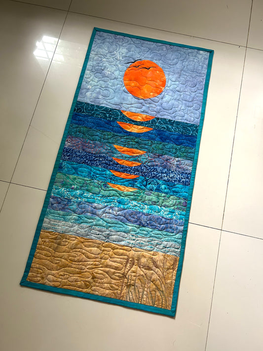 Modern Sun Wall Art Quilt – Handmade Ocean Sunset Fiber Art (16 x 32 inches)