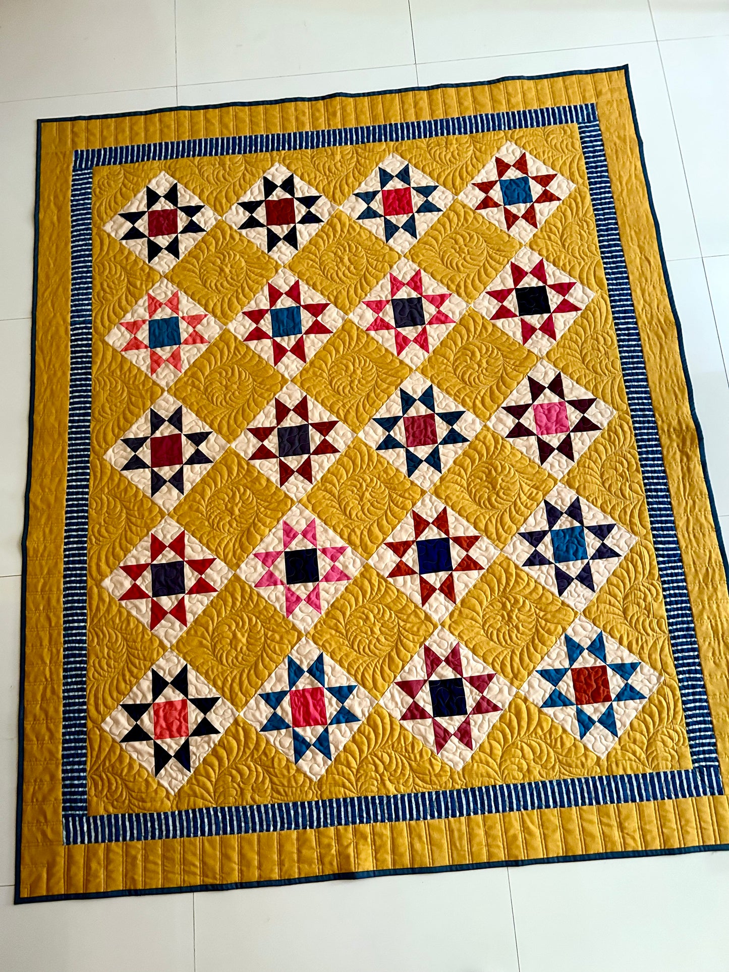 Mustard Reproduction Quilt | Handmade Homemade Throw Quilt | Colorful Patchwork Quilt | Geometric Cotton Quilt | 59 x 71