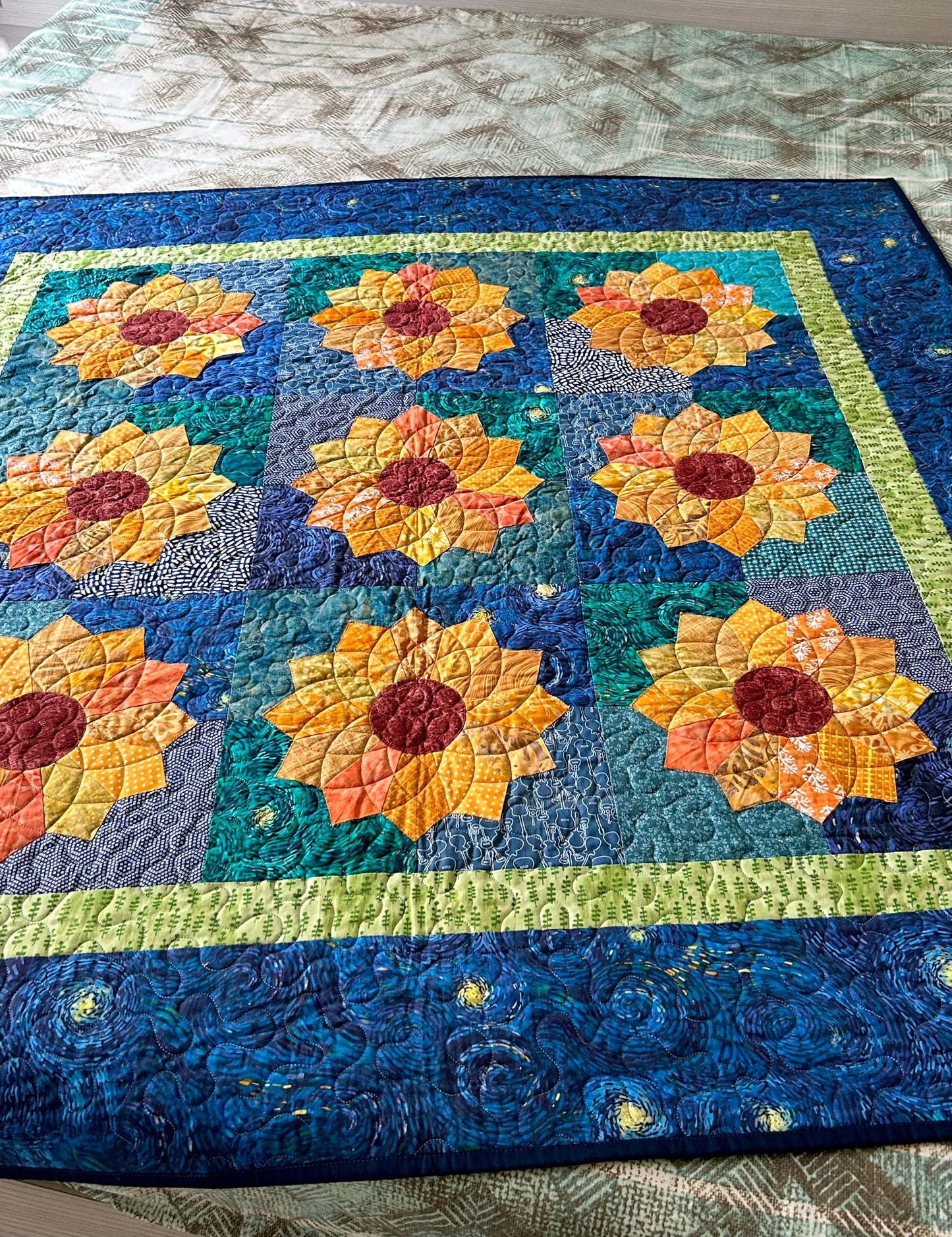 Van Gogh Sunflower Throw Quilt - Blue handmade Patchwork Throw Blanket - Starry Night lap quilt - Dresden plate Quilt sale