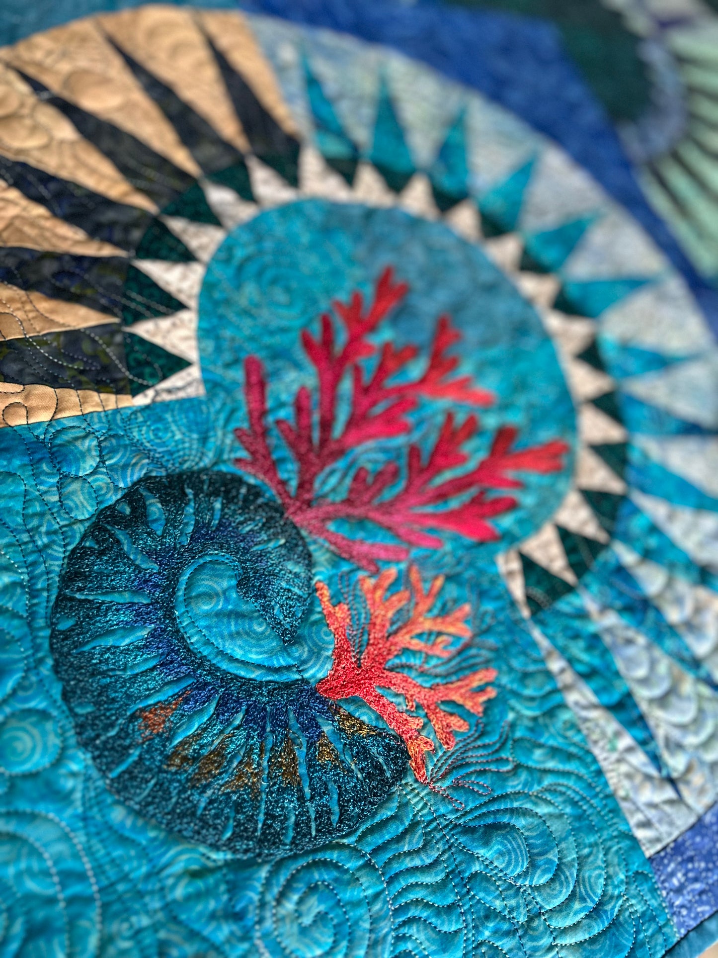 Ocean Waves Fiber Art – Coral Reef Wall Quilt Sale - Contemporary Blue Textile Art