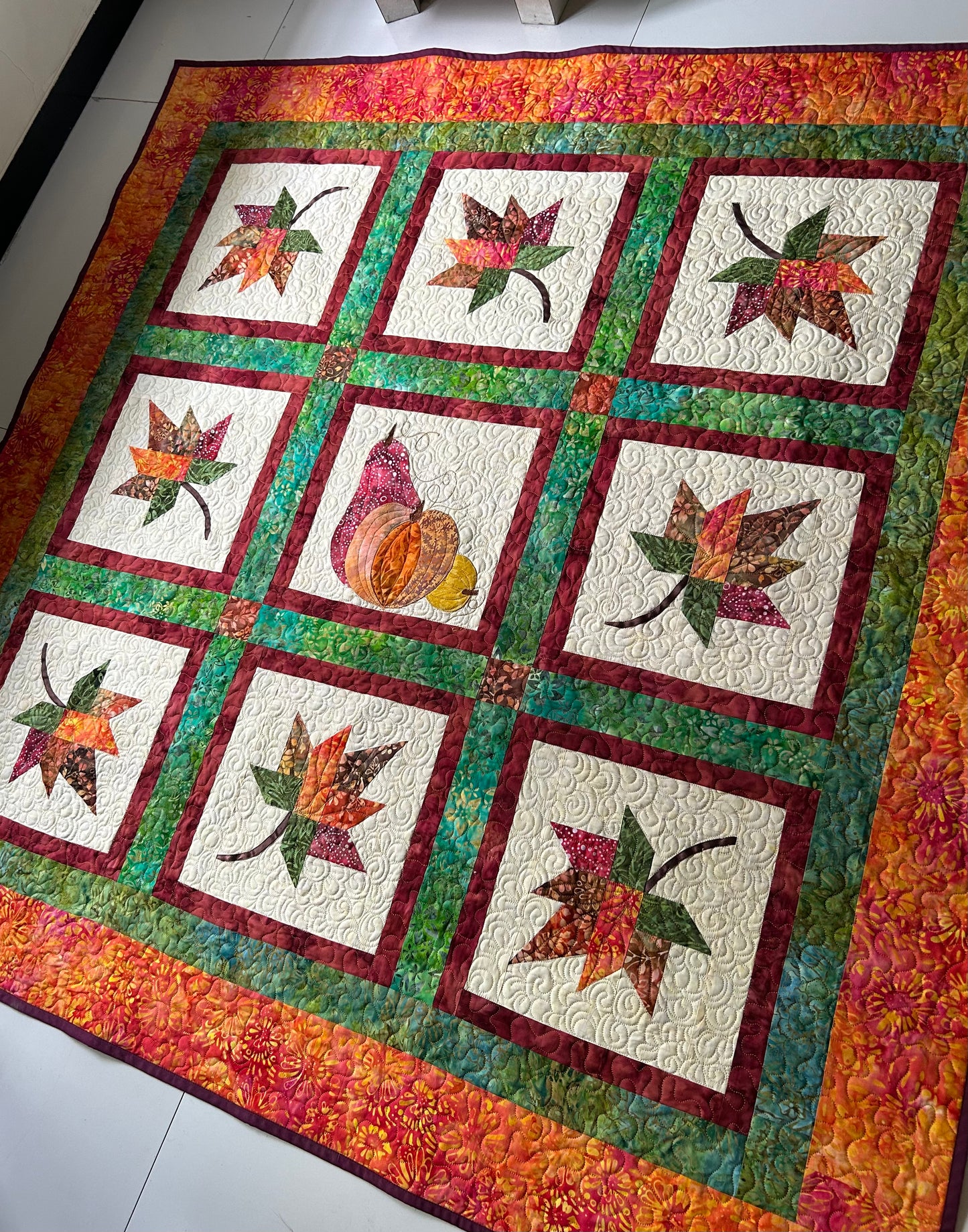Maple Leafs and pumpkins Fall quilt - Handmade quilted throw