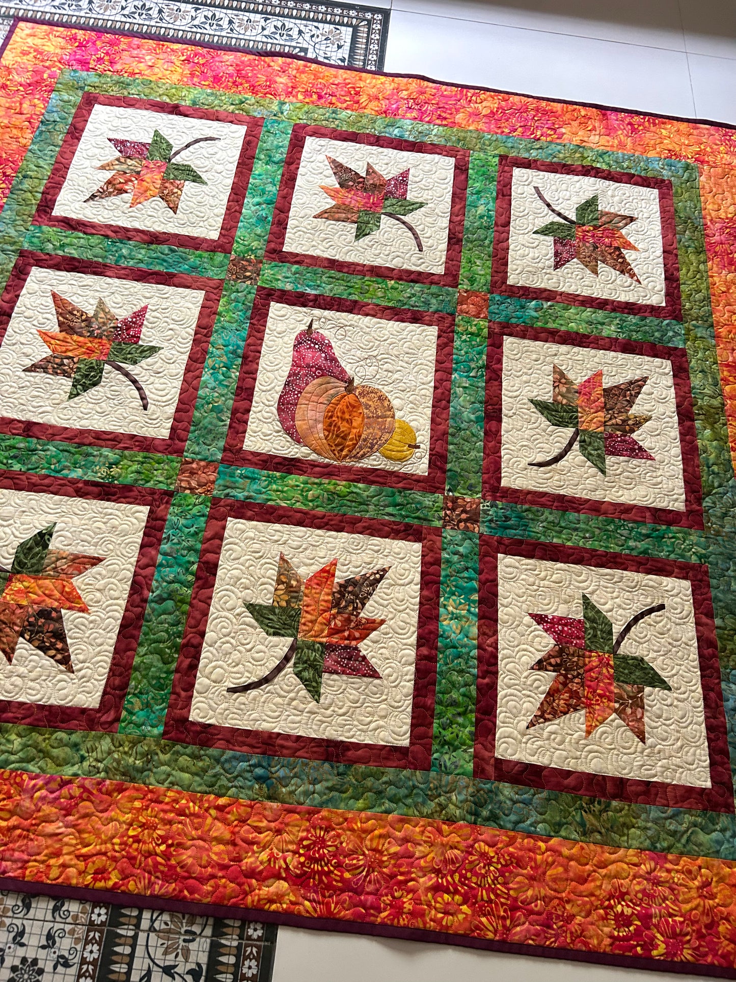 Maple Leafs and pumpkins Fall quilt - Handmade quilted throw