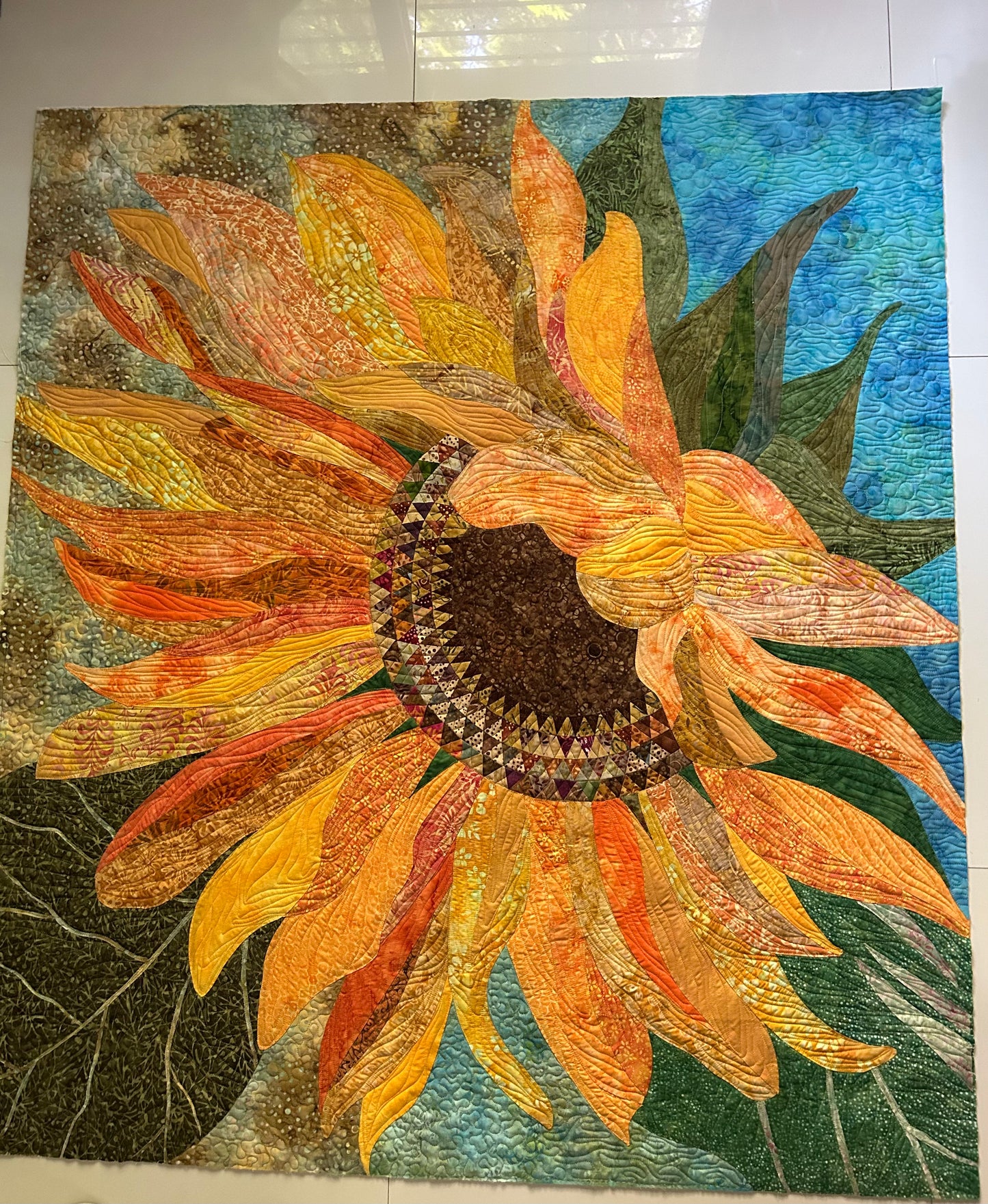 Large Sunflower Art Quilt Wall Hanging, Original Botanical Fiber Art, Handmade Contemporary Quilt, Textile Wall Art, Nature Inspired Decor