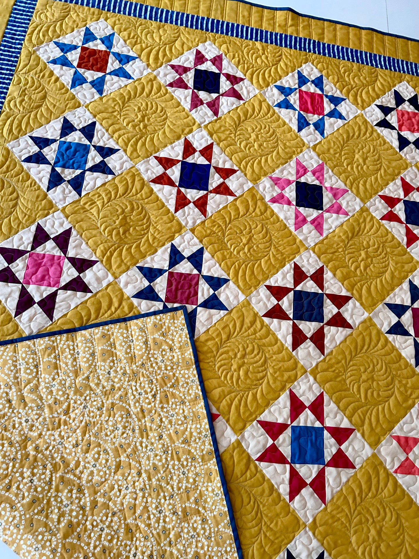 Mustard Reproduction Quilt | Handmade Homemade Throw Quilt | Colorful Patchwork Quilt | Geometric Cotton Quilt | 59 x 71