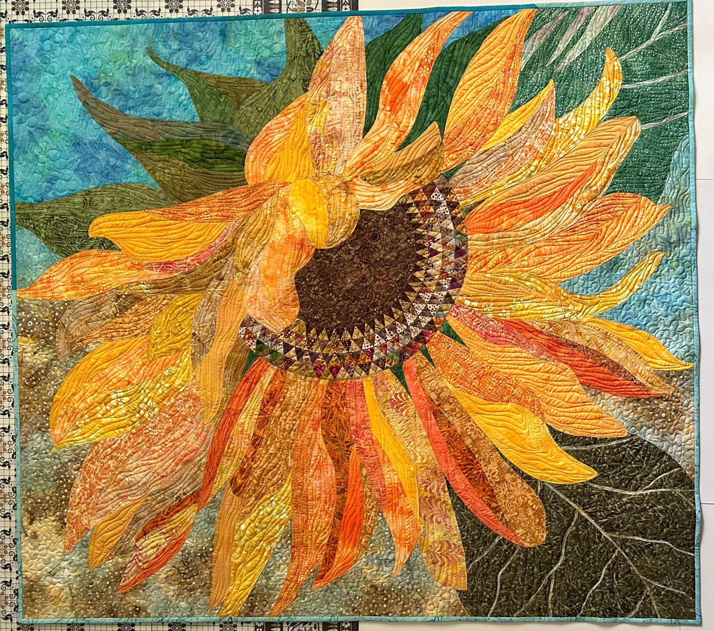 Large Sunflower Art Quilt Wall Hanging, Original Botanical Fiber Art, Handmade Contemporary Quilt, Textile Wall Art, Nature Inspired Decor