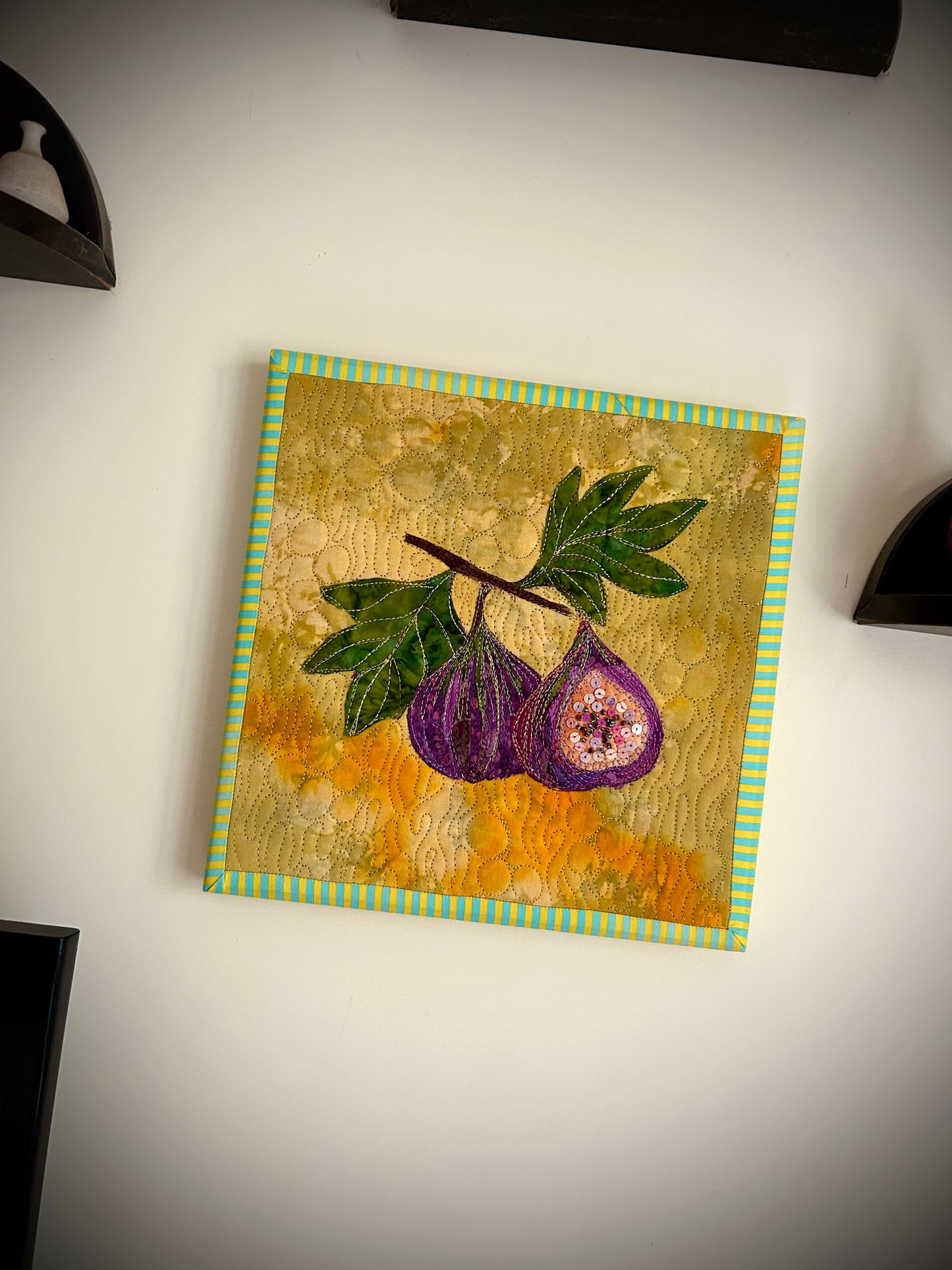 Fig Wall Art, Original Beaded Fiber  Fruit Art, Framed Textile Painting