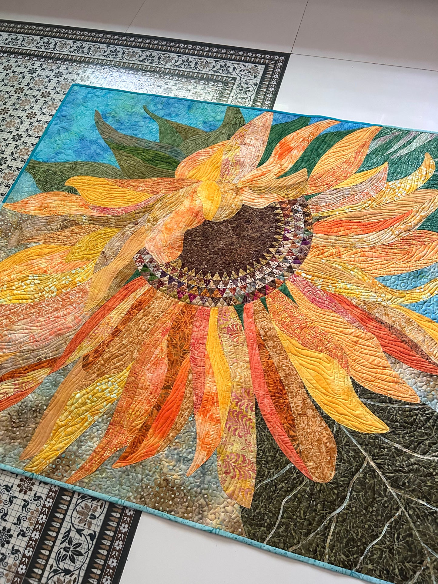Large Sunflower Art Quilt Wall Hanging, Original Botanical Fiber Art, Handmade Contemporary Quilt, Textile Wall Art, Nature Inspired Decor