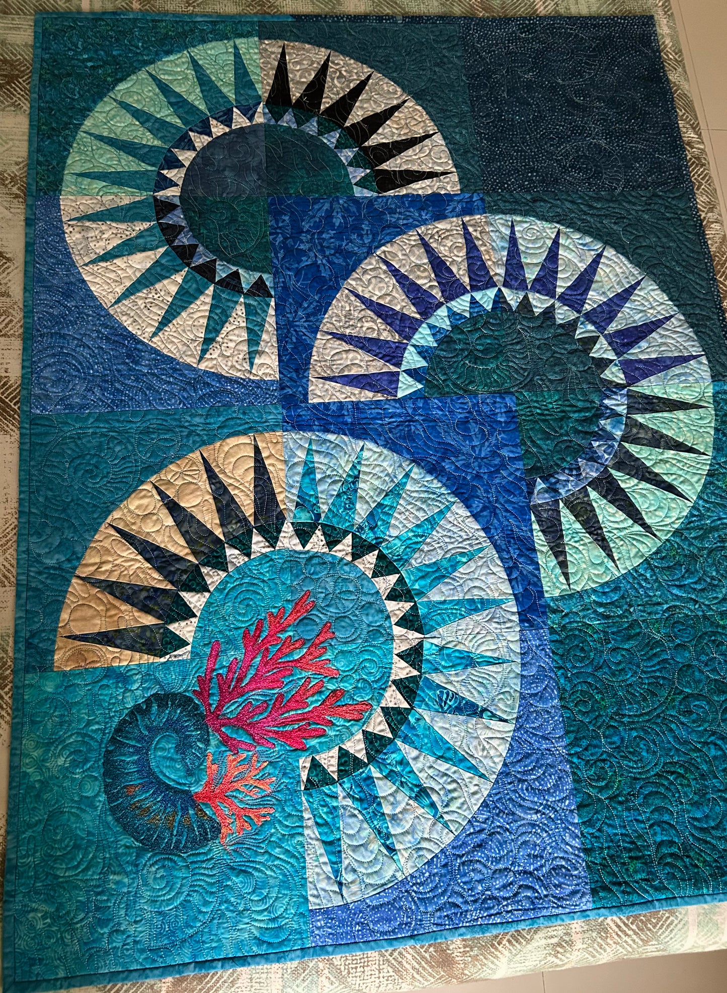Ocean Waves Fiber Art – Coral Reef Wall Quilt Sale - Contemporary Blue Textile Art