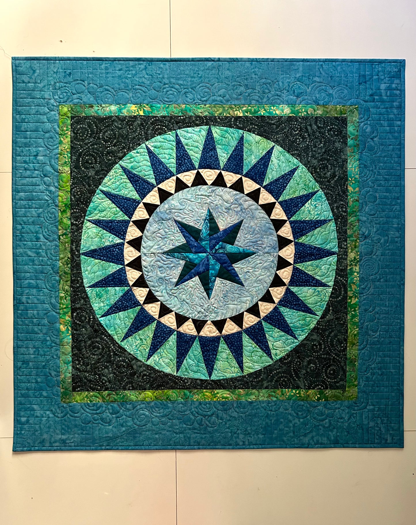Blue Compass Star Quilt | Handmade Table Topper | Quilted Wall Hanging | 35 x 35 | One of a Kind | Clearance Sale