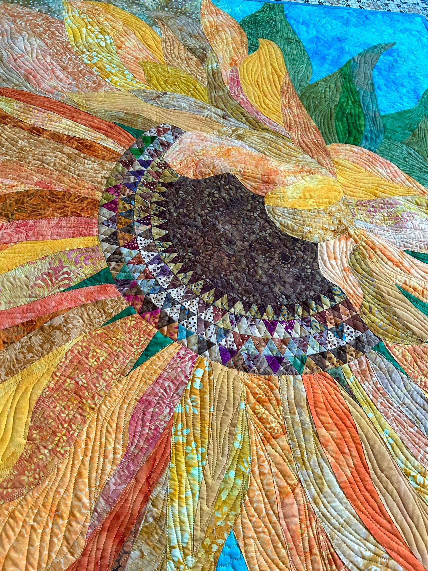 Large Sunflower Art Quilt Wall Hanging, Original Botanical Fiber Art, Handmade Contemporary Quilt, Textile Wall Art, Nature Inspired Decor
