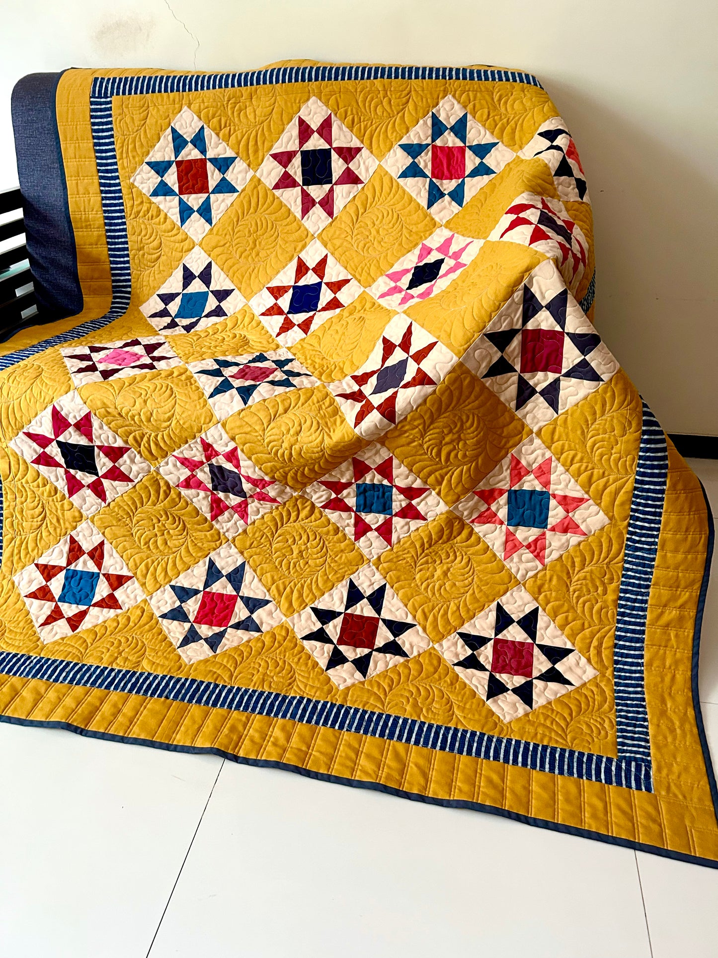 Mustard Reproduction Quilt | Handmade Homemade Throw Quilt | Colorful Patchwork Quilt | Geometric Cotton Quilt | 59 x 71