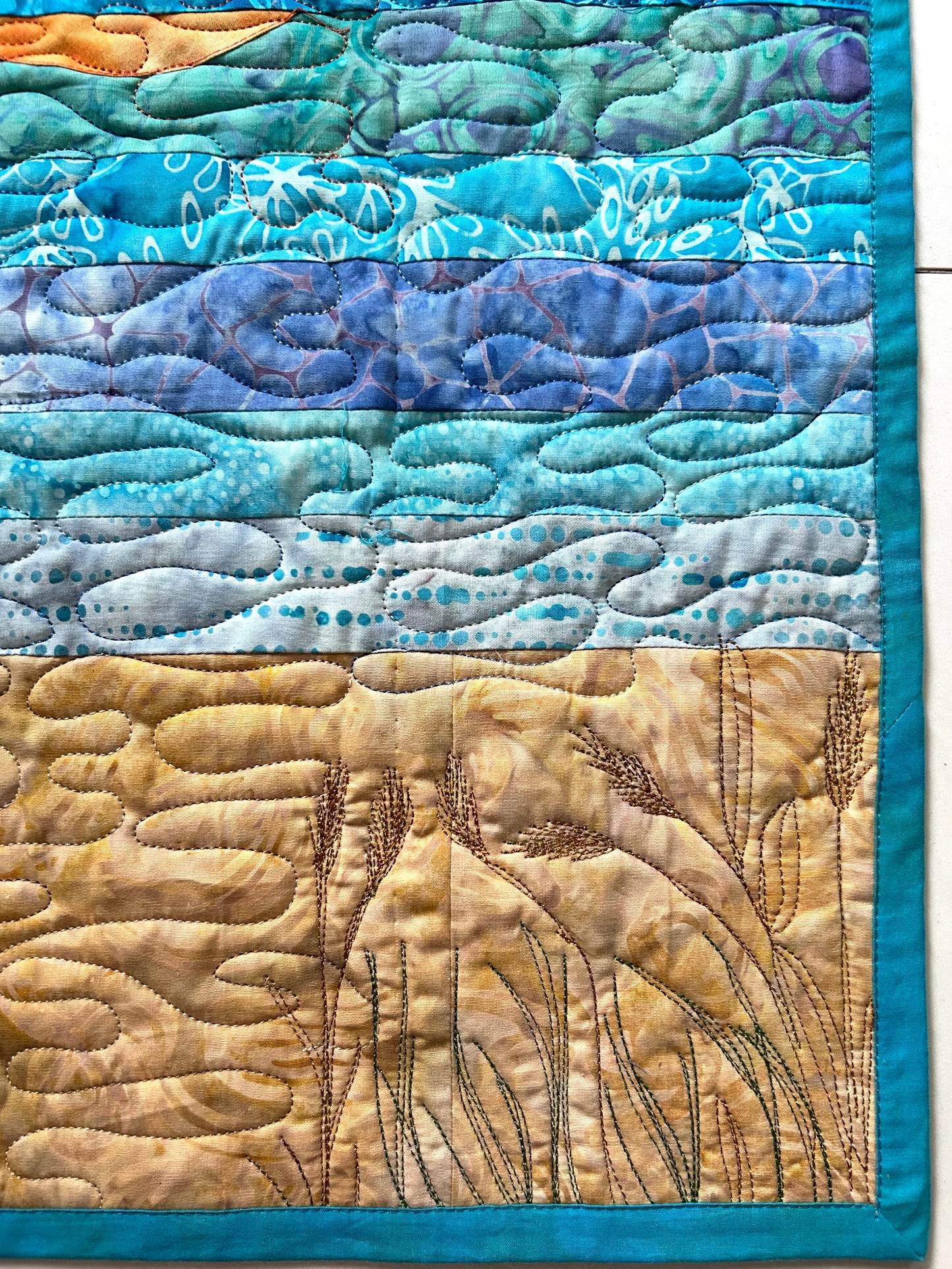 Modern Sun Wall Art Quilt – Handmade Ocean Sunset Fiber Art (16 x 32 inches)