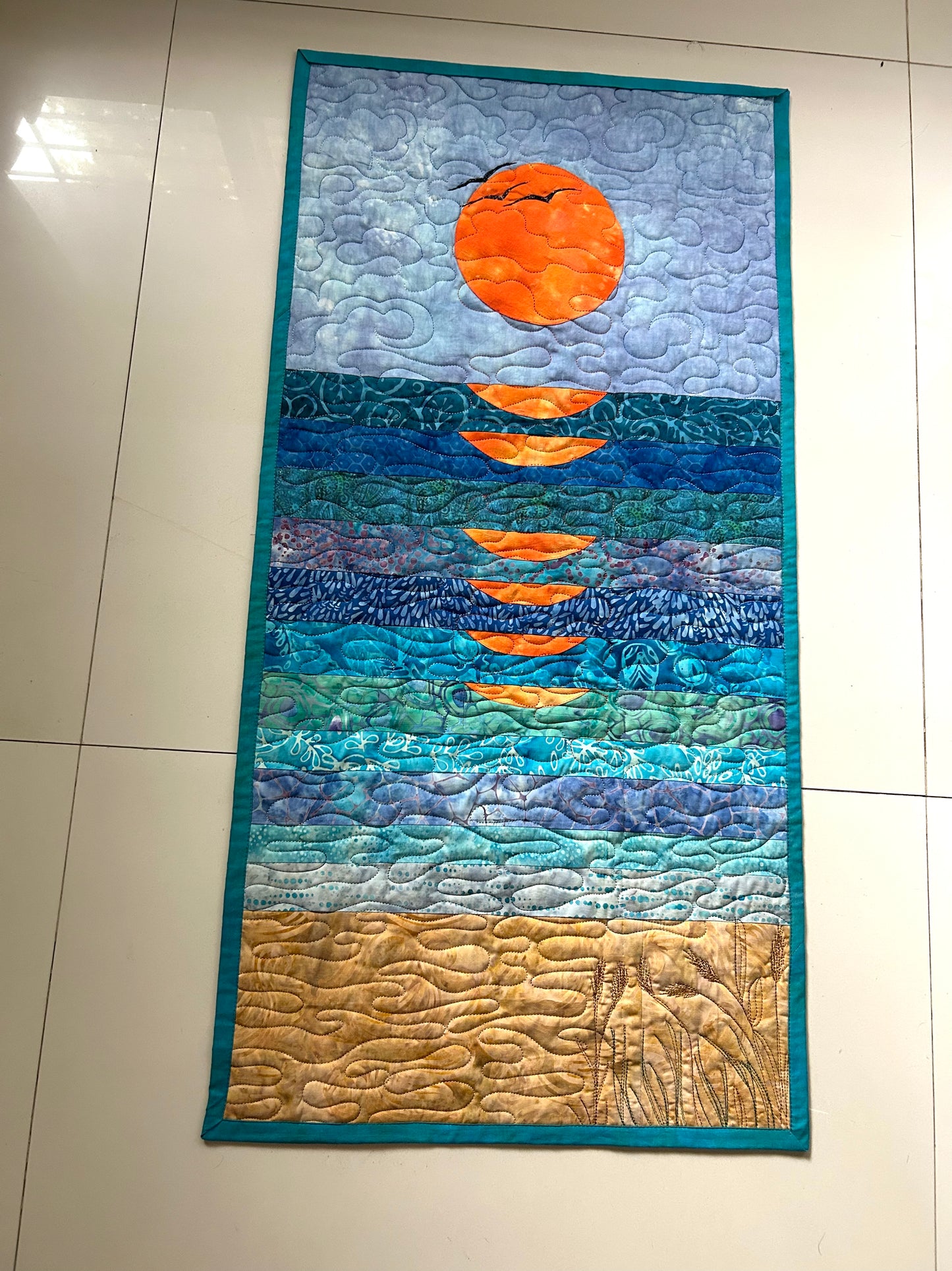 Modern Sun Wall Art Quilt – Handmade Ocean Sunset Fiber Art (16 x 32 inches)