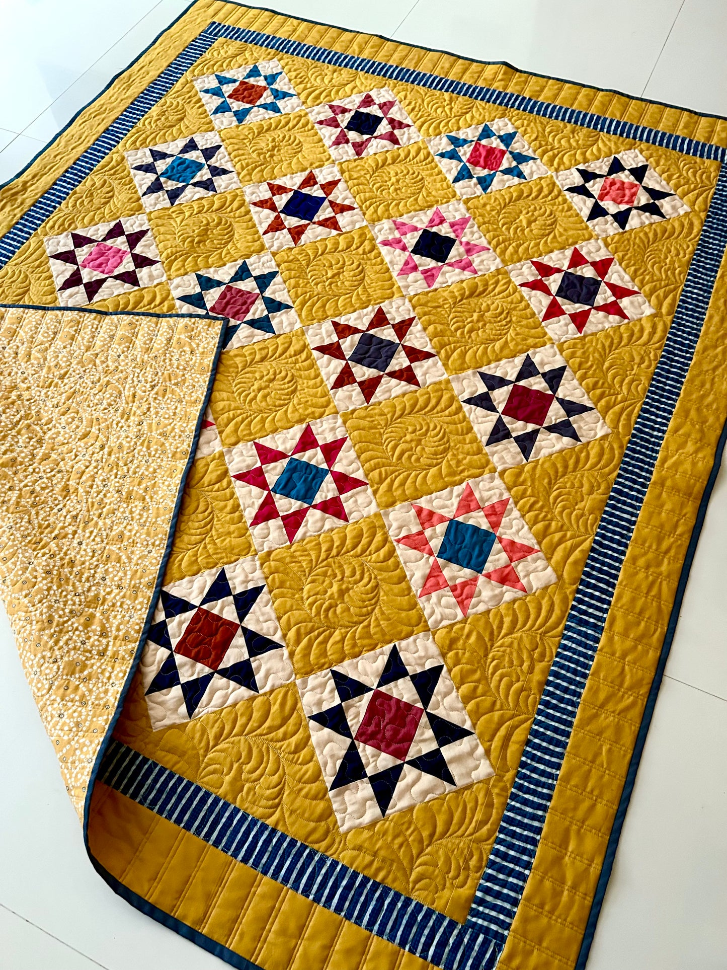 Mustard Reproduction Quilt | Handmade Homemade Throw Quilt | Colorful Patchwork Quilt | Geometric Cotton Quilt | 59 x 71