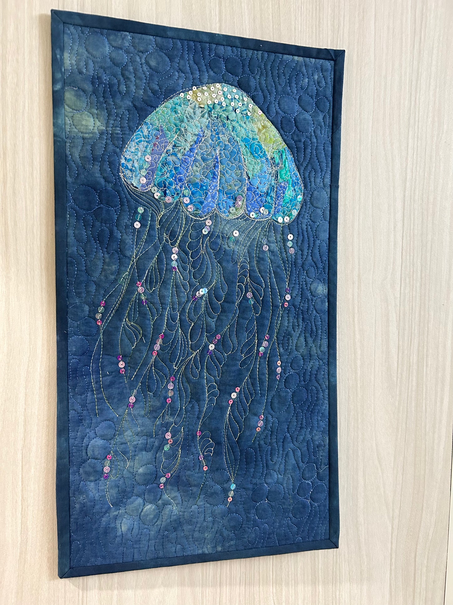 Jellyfish Textile wall Art quilt | Small Ocean Art As Beach House Decor