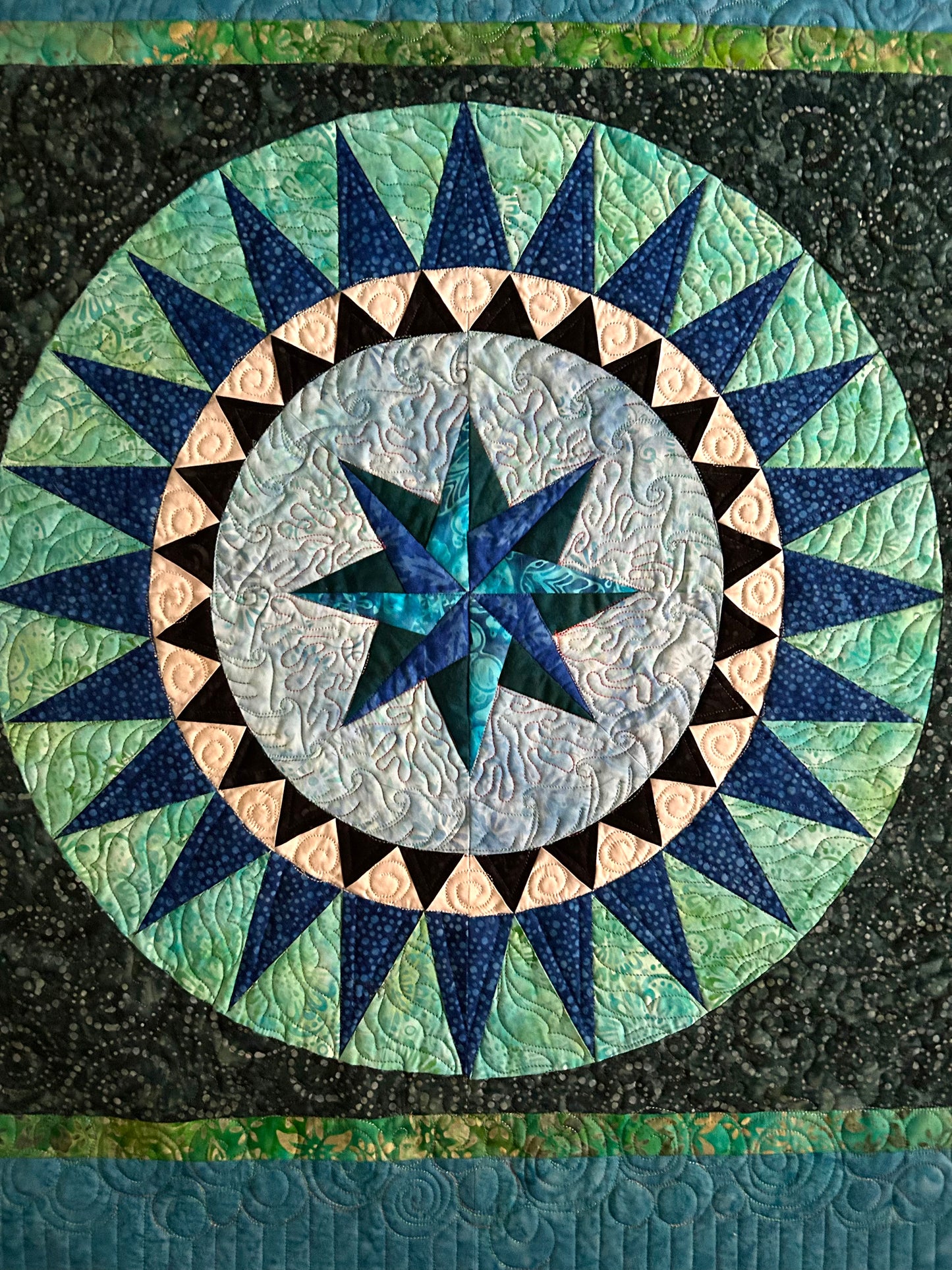 Blue Compass Star Quilt | Handmade Table Topper | Quilted Wall Hanging | 35 x 35 | One of a Kind | Clearance Sale