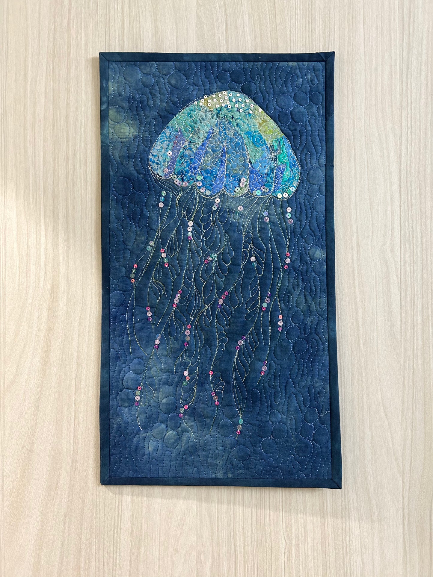 Jellyfish Textile wall Art quilt | Small Ocean Art As Beach House Decor