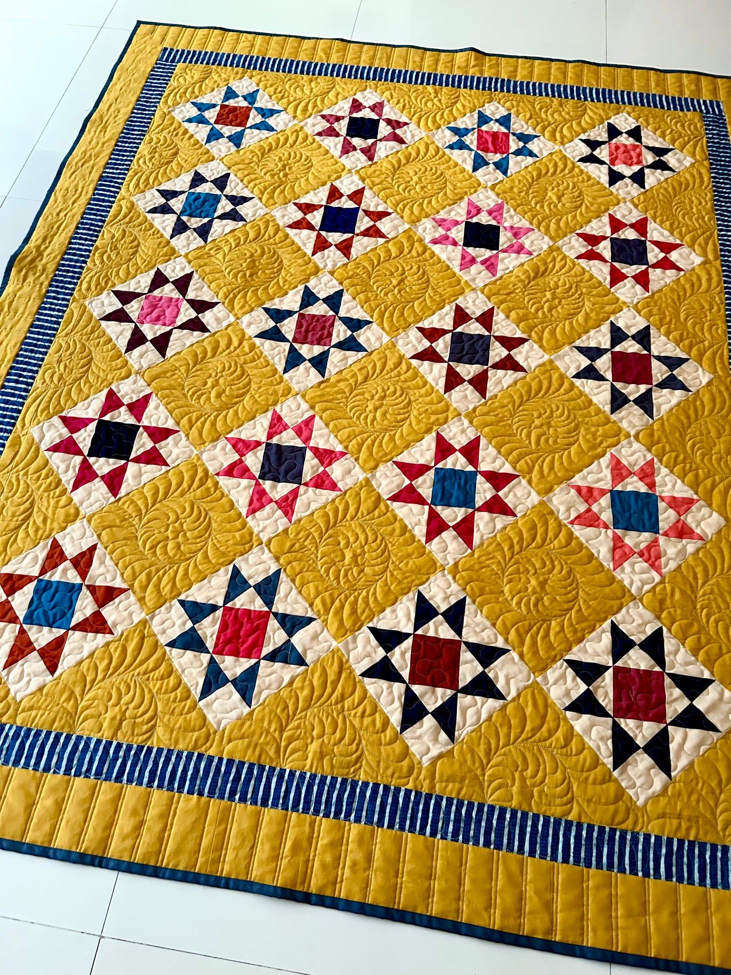 Mustard Reproduction Quilt | Handmade Homemade Throw Quilt | Colorful Patchwork Quilt | Geometric Cotton Quilt | 59 x 71