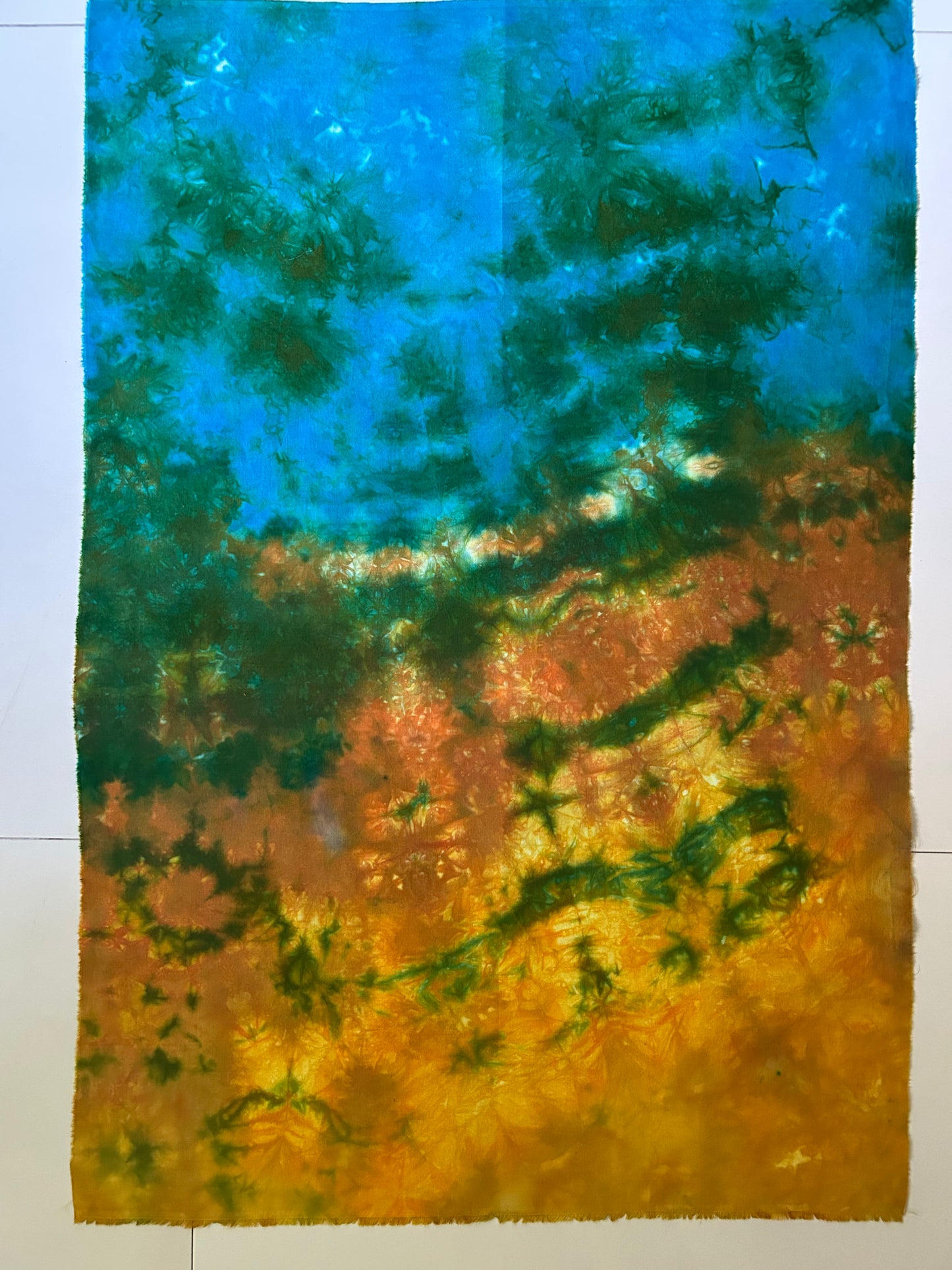 Hand Dyed Quilting Fabric Panel – Turquoise Blue and Golden Amber Cotton Fabric for Art Quilts and Textile Art