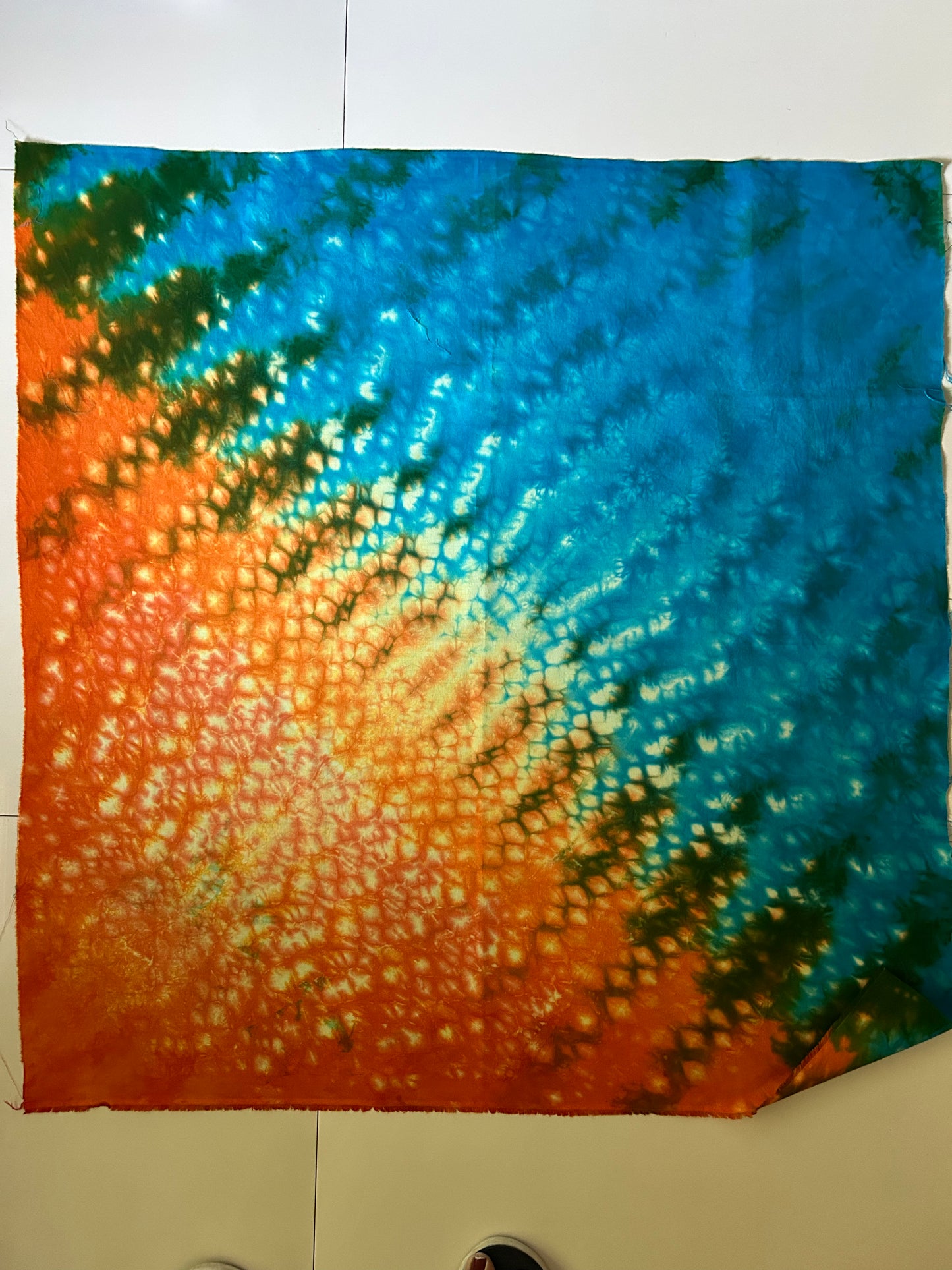 Hand Dyed Quilting Fabric Panel – Turquoise Blue and Coral Orange Cotton Fabric for Art Quilts and Textile Art