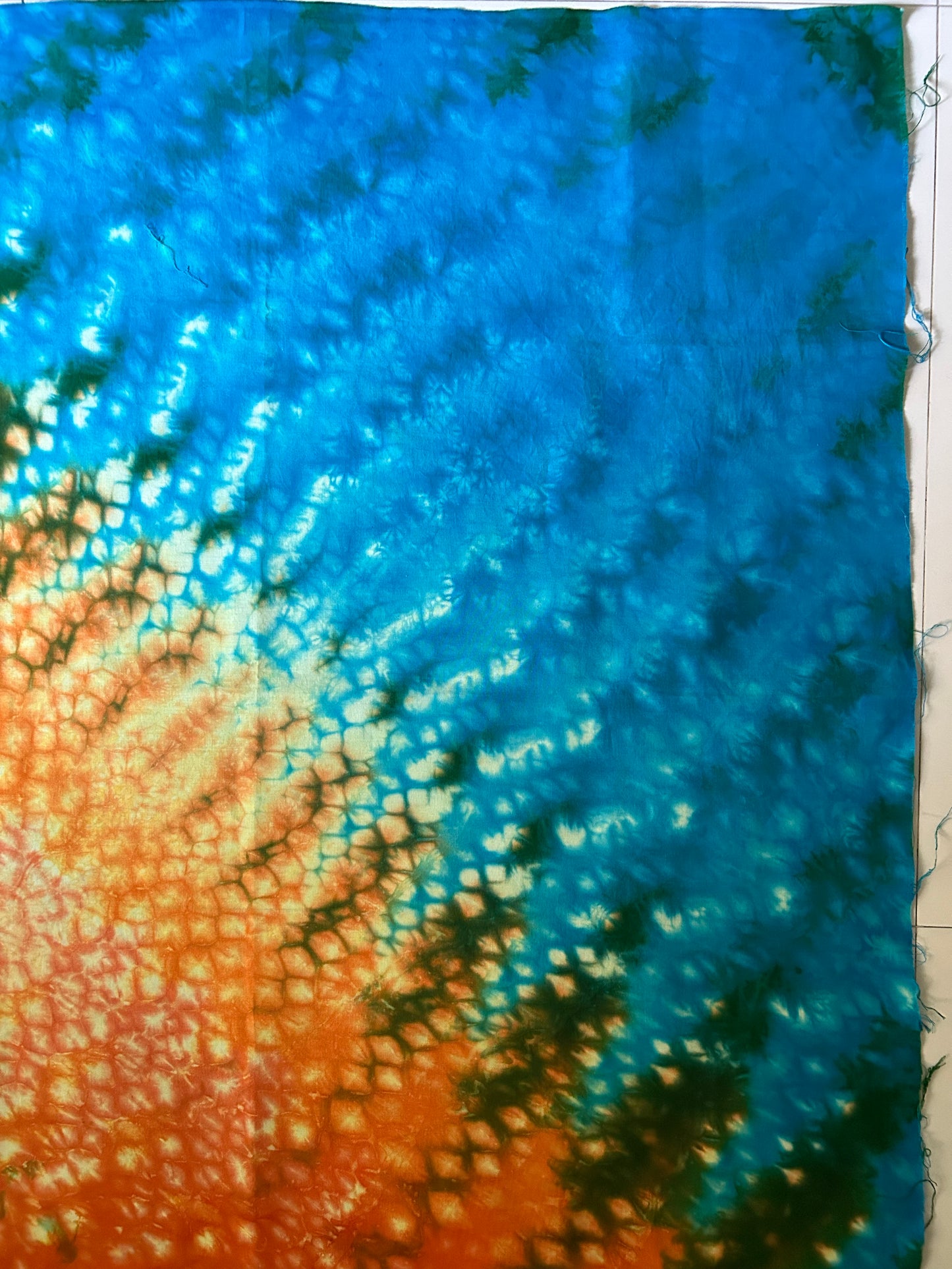 Hand Dyed Quilting Fabric Panel – Turquoise Blue and Coral Orange Cotton Fabric for Art Quilts and Textile Art