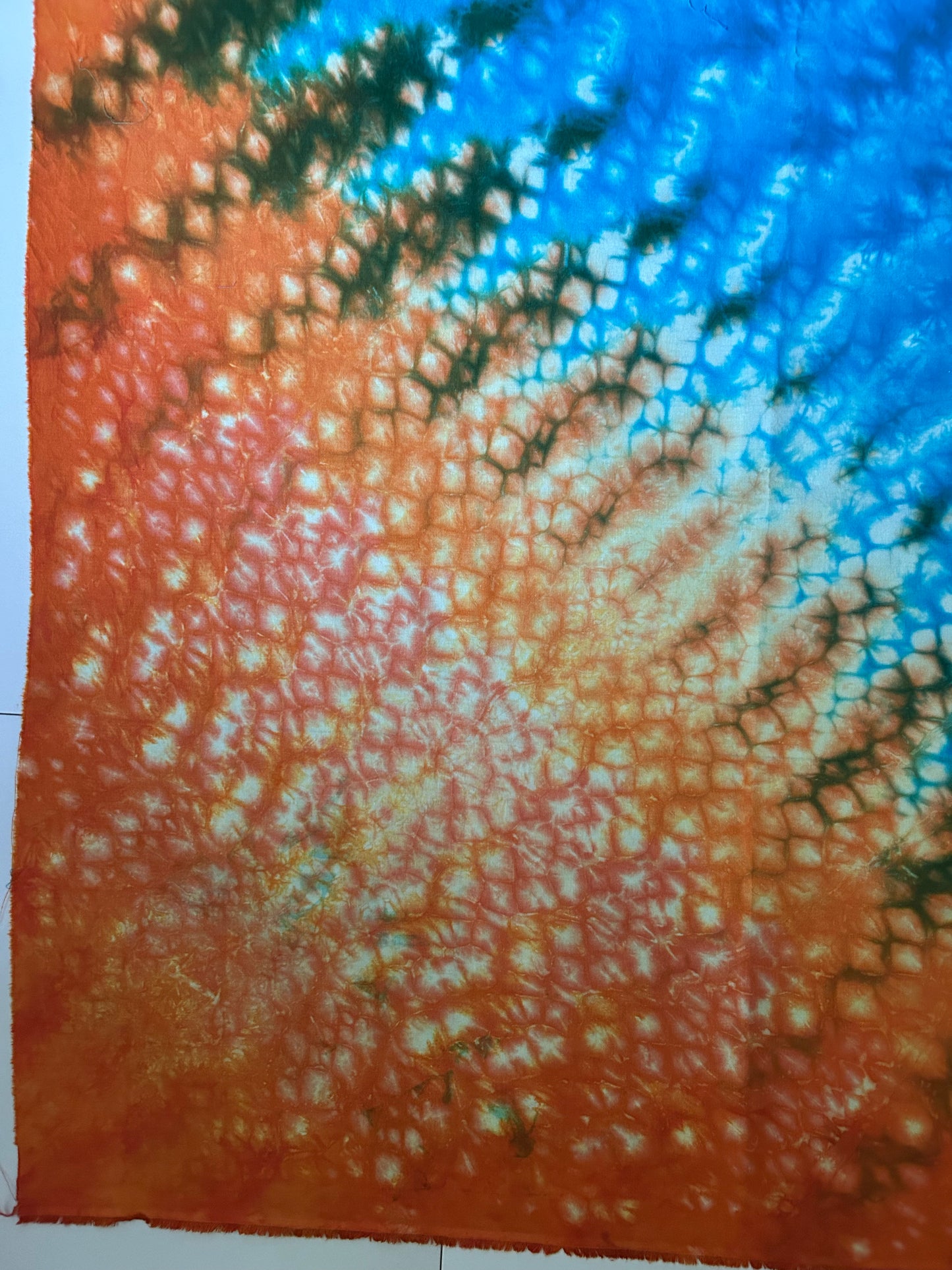 Hand Dyed Quilting Fabric Panel – Turquoise Blue and Coral Orange Cotton Fabric for Art Quilts and Textile Art