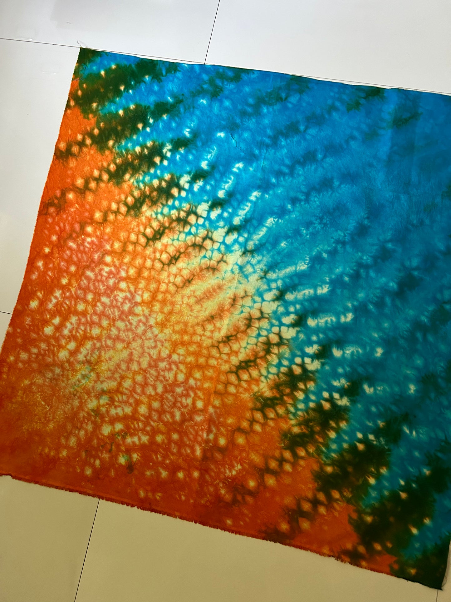 Hand Dyed Quilting Fabric Panel – Turquoise Blue and Coral Orange Cotton Fabric for Art Quilts and Textile Art