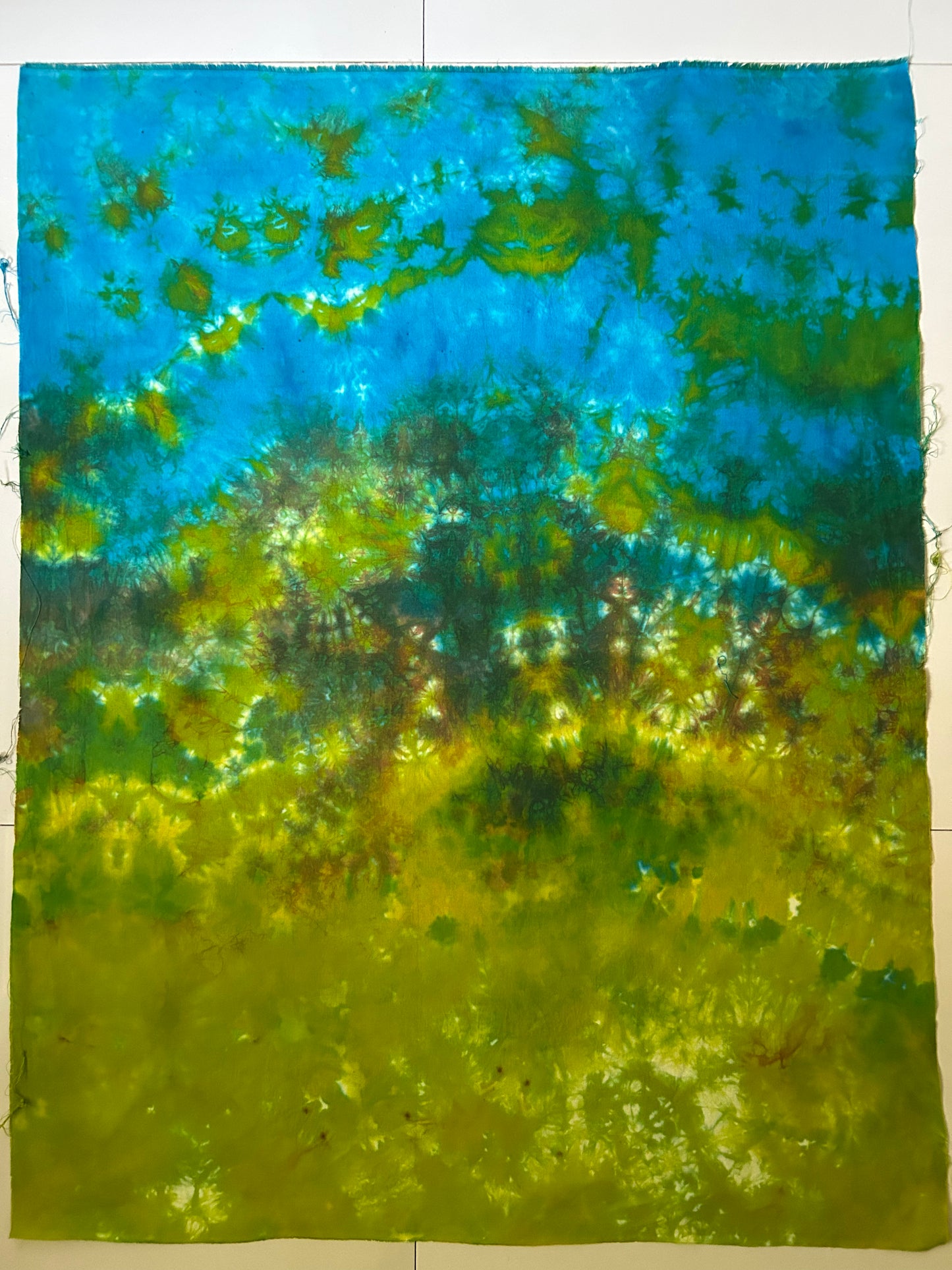 Hand Dyed Quilting Fabric Panel – Blue Green Abstract Landscape Cotton Fabric for Art Quilts and Textile Art