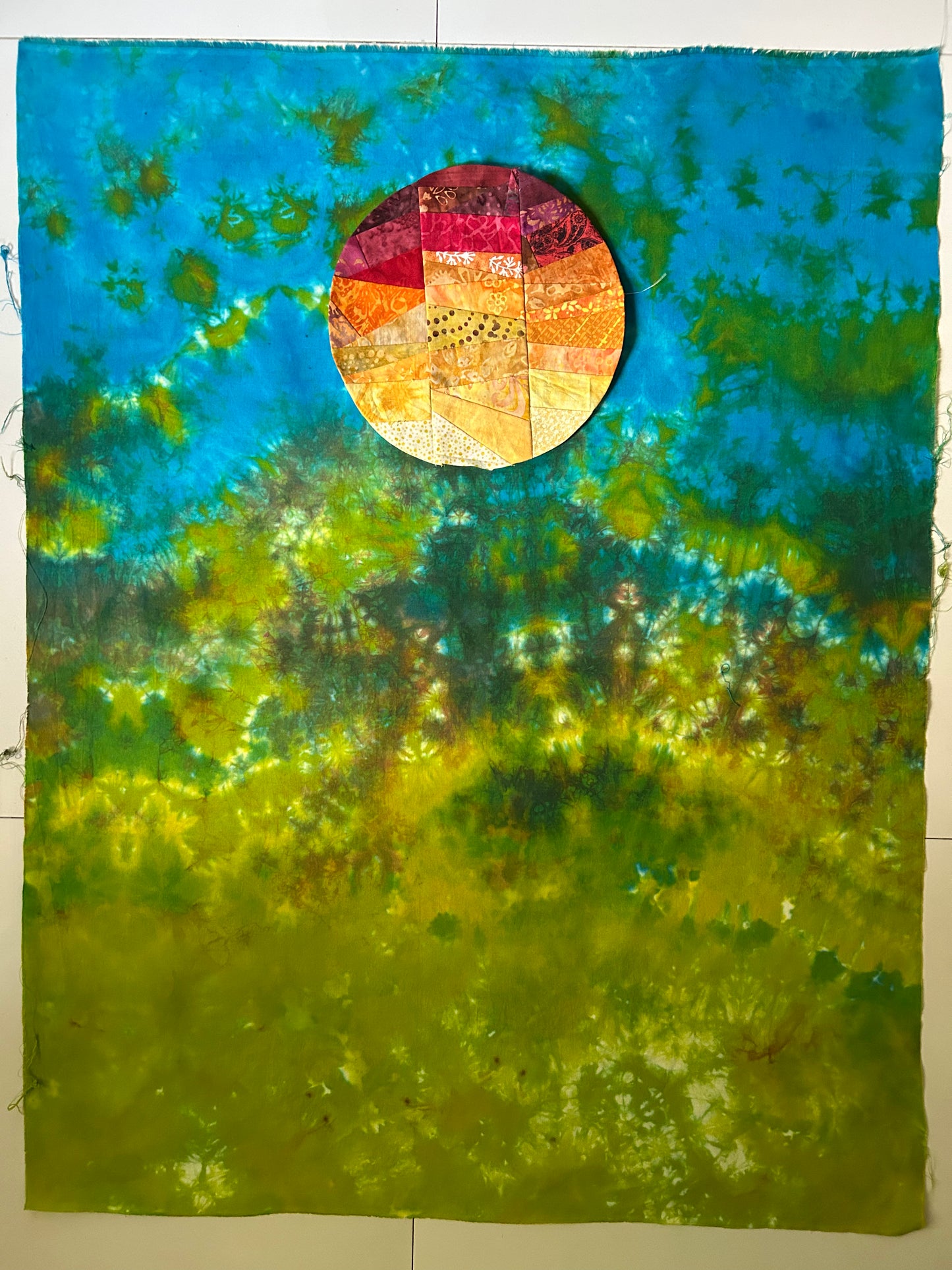 Hand Dyed Quilting Fabric Panel – Blue Green Abstract Landscape Cotton Fabric for Art Quilts and Textile Art
