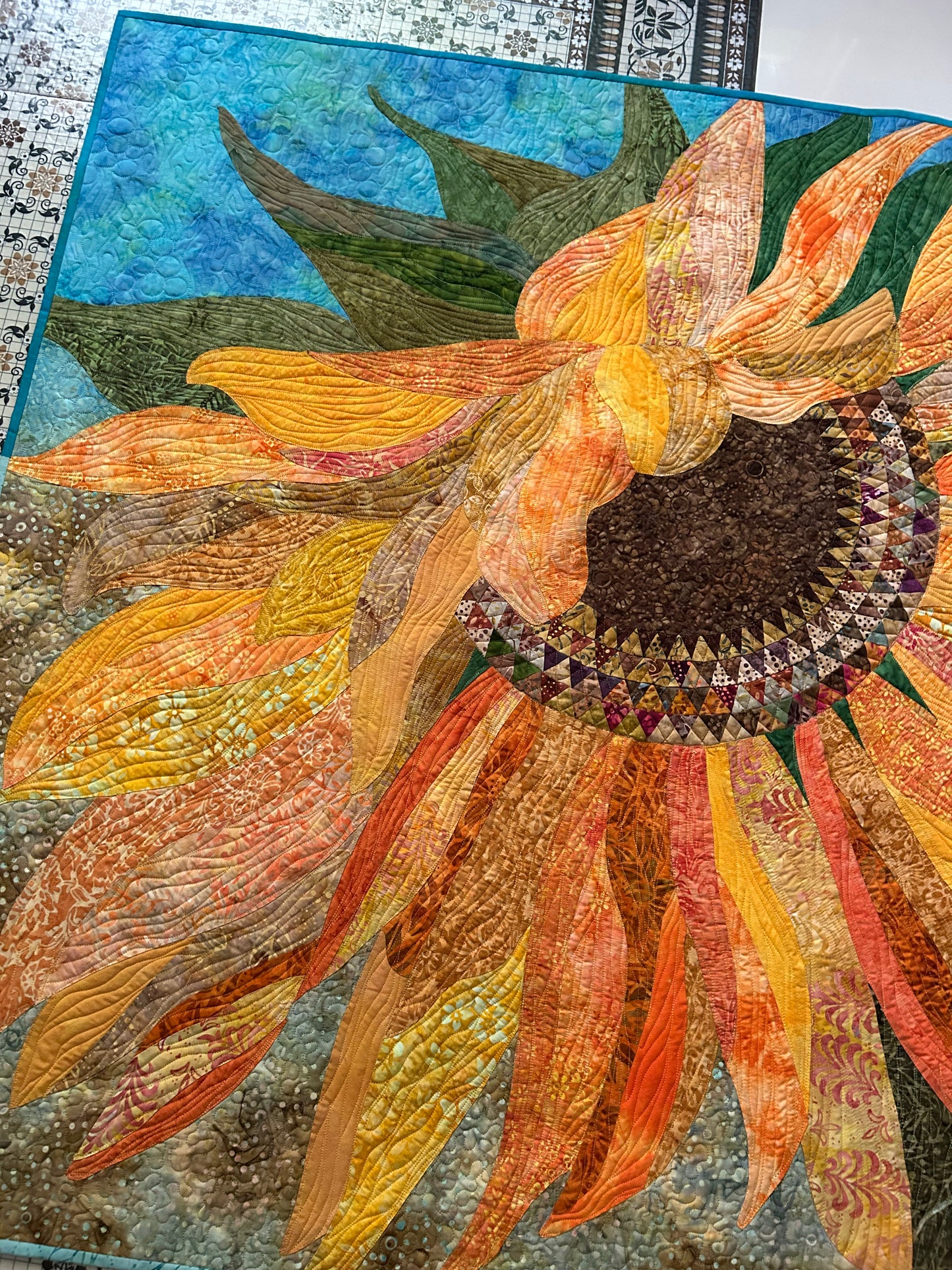 Large Sunflower Art Quilt Wall Hanging, Original Botanical Fiber Art, Handmade Contemporary Quilt, Textile Wall Art, Nature Inspired Decor