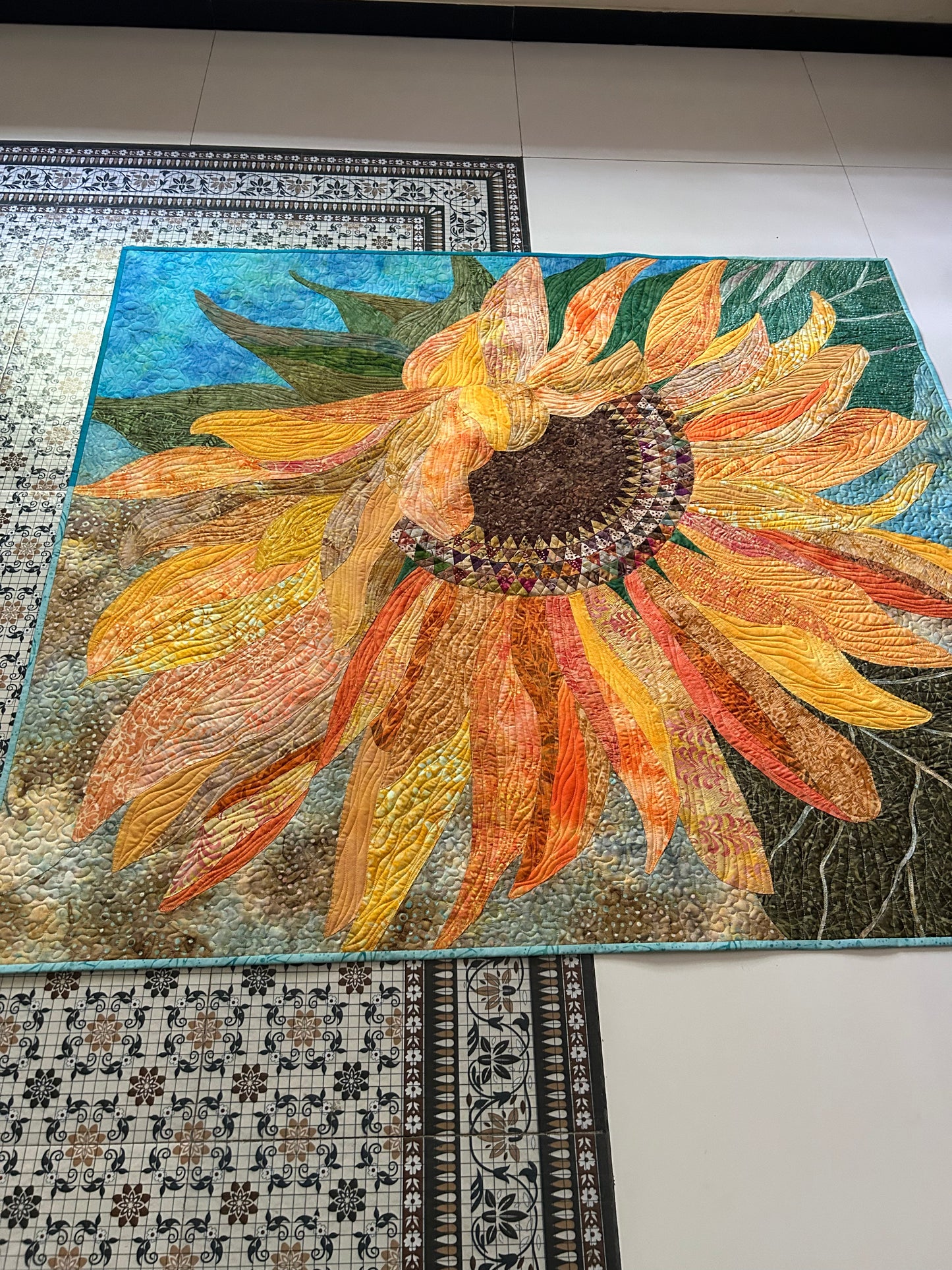 Large Sunflower Art Quilt Wall Hanging, Original Botanical Fiber Art, Handmade Contemporary Quilt, Textile Wall Art, Nature Inspired Decor