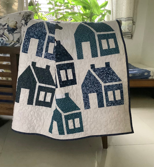 Schoolhouse Quilt Throw | Handmade Patchwork Quilt | Blue & Green Village Quilt | Cottage Style Quilt