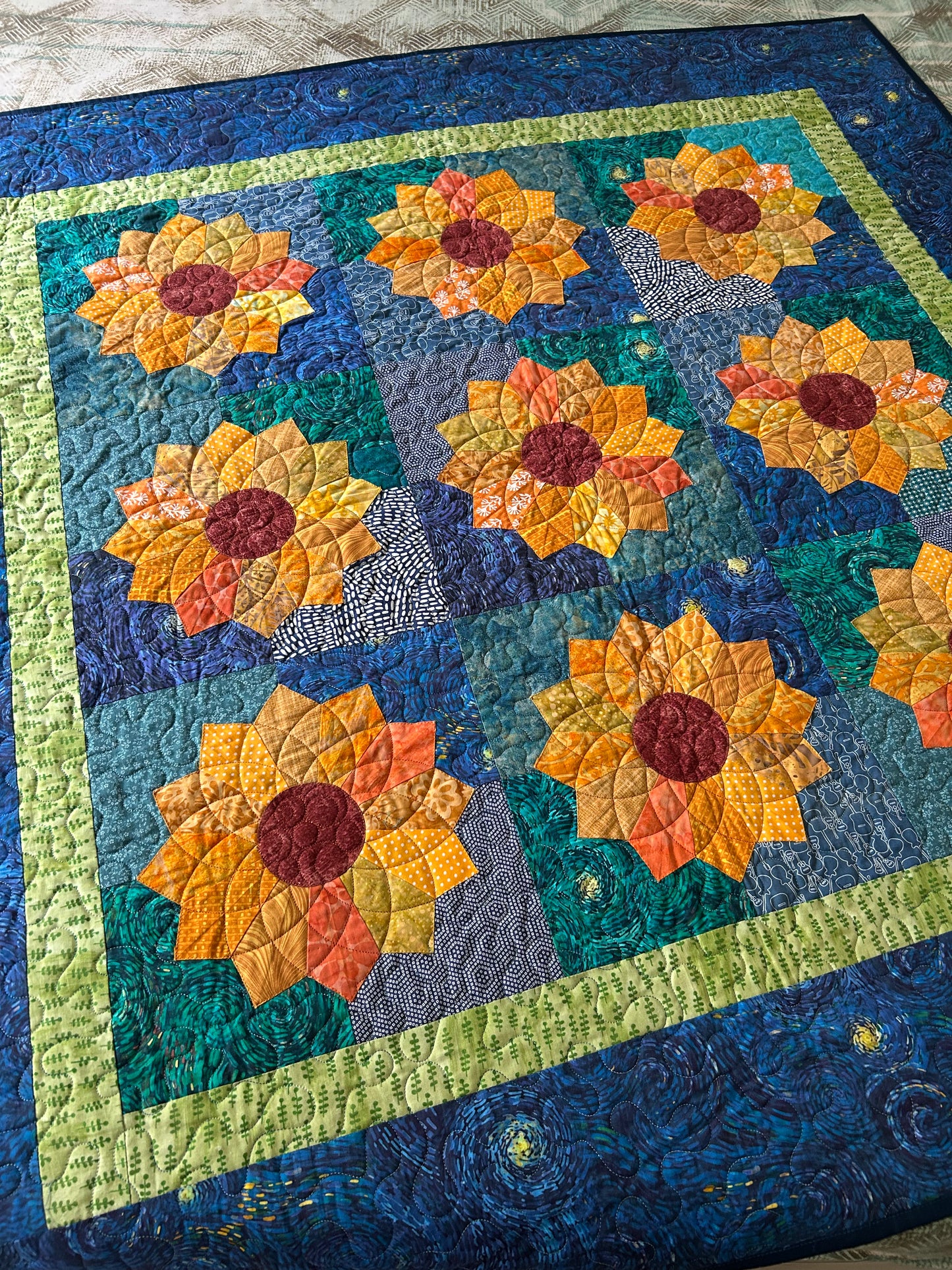 Van Gogh Sunflower Throw Quilt - Blue handmade Patchwork Throw Blanket - Starry Night lap quilt - Dresden plate Quilt sale