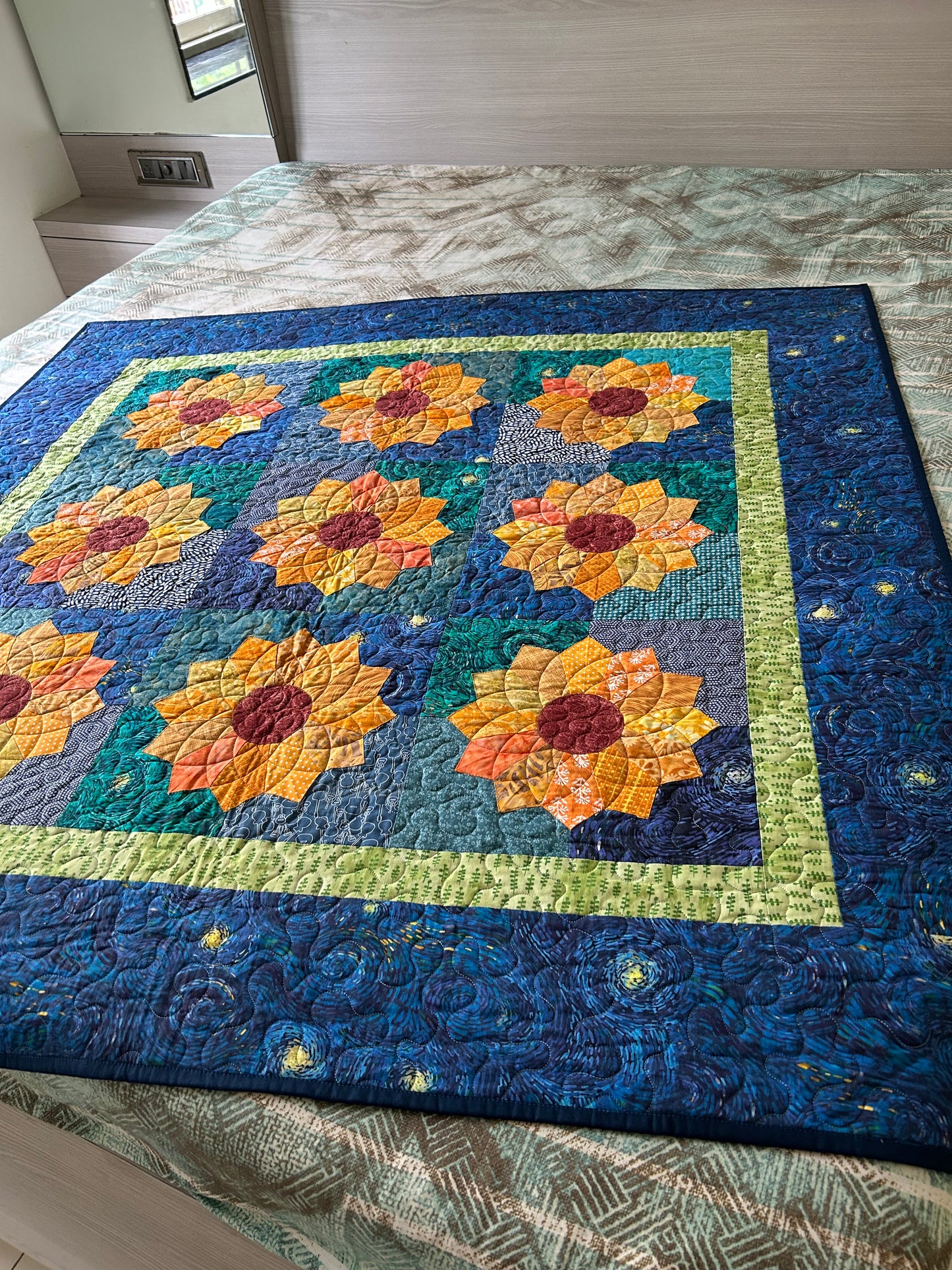 Van Gogh Sunflower Throw Quilt - Blue handmade Patchwork Throw Blanket - Starry Night lap quilt - Dresden plate Quilt sale