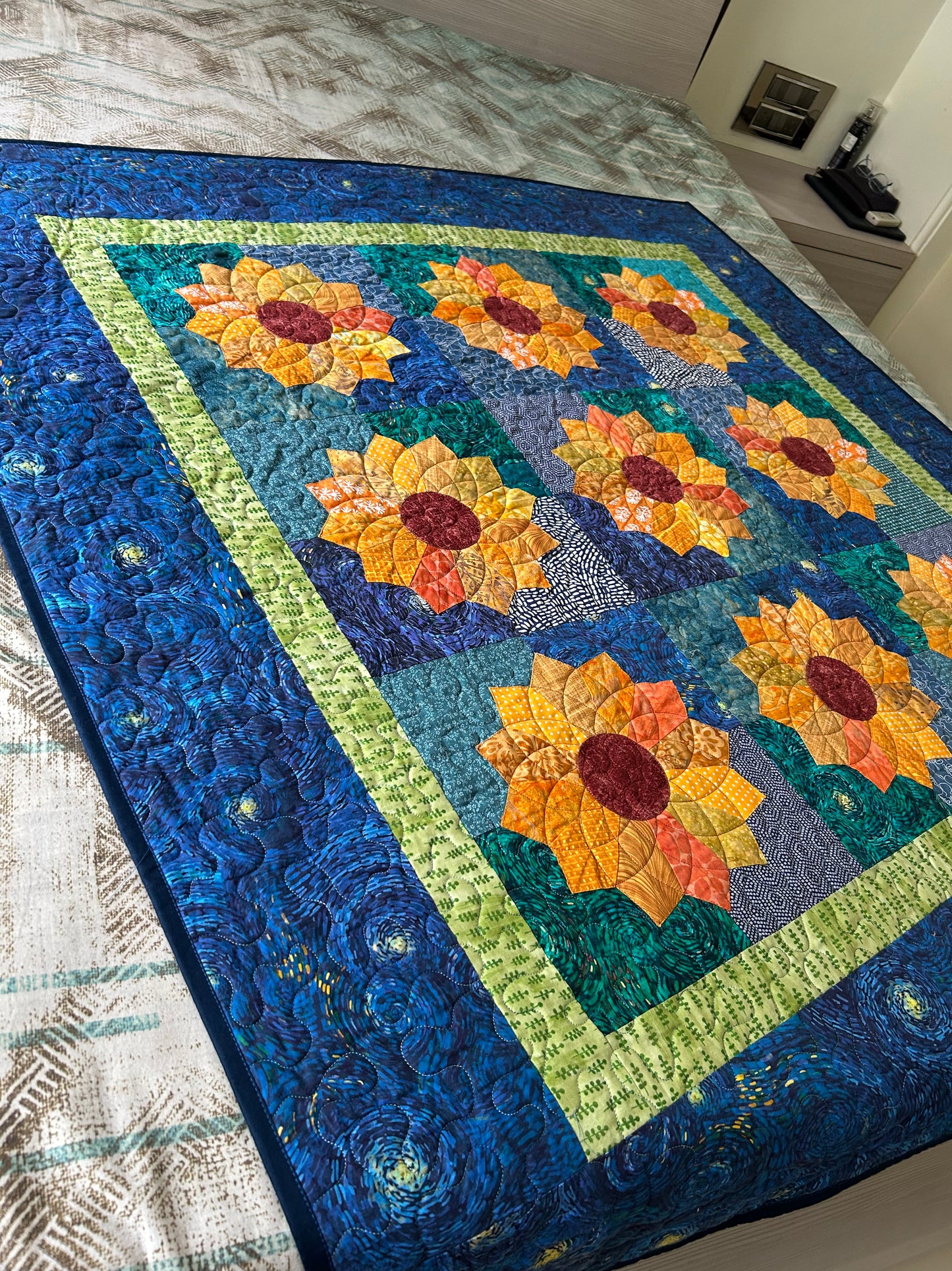 Van Gogh Sunflower Throw Quilt - Blue handmade Patchwork Throw Blanket - Starry Night lap quilt - Dresden plate Quilt sale