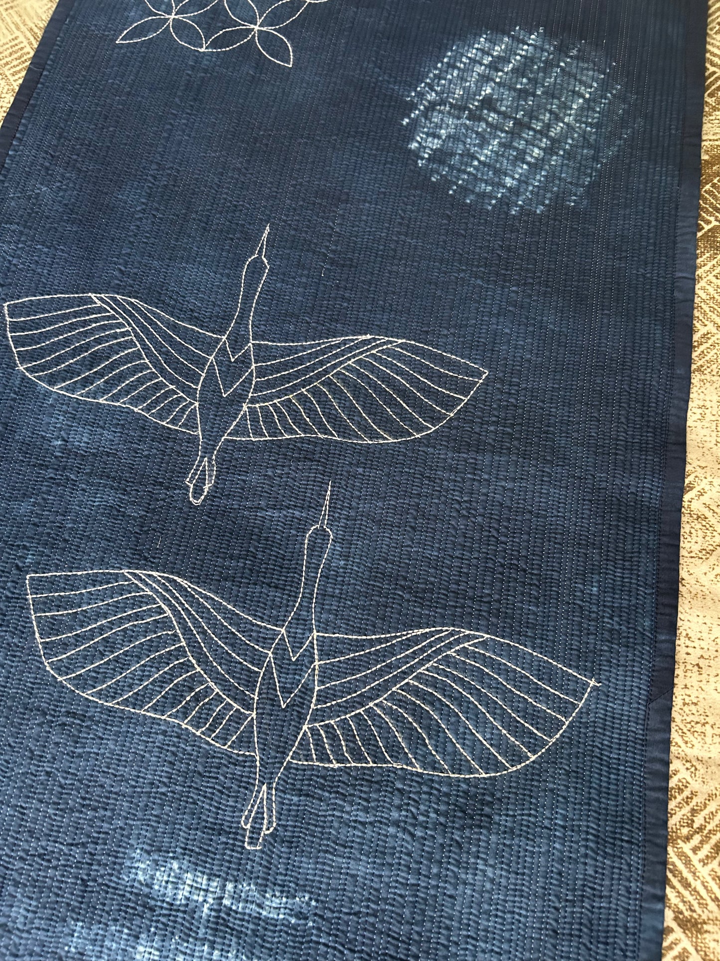 Cranes in Moonlight Wall Art Quilt | Japandi Indigo Shibori Textile Art Sale