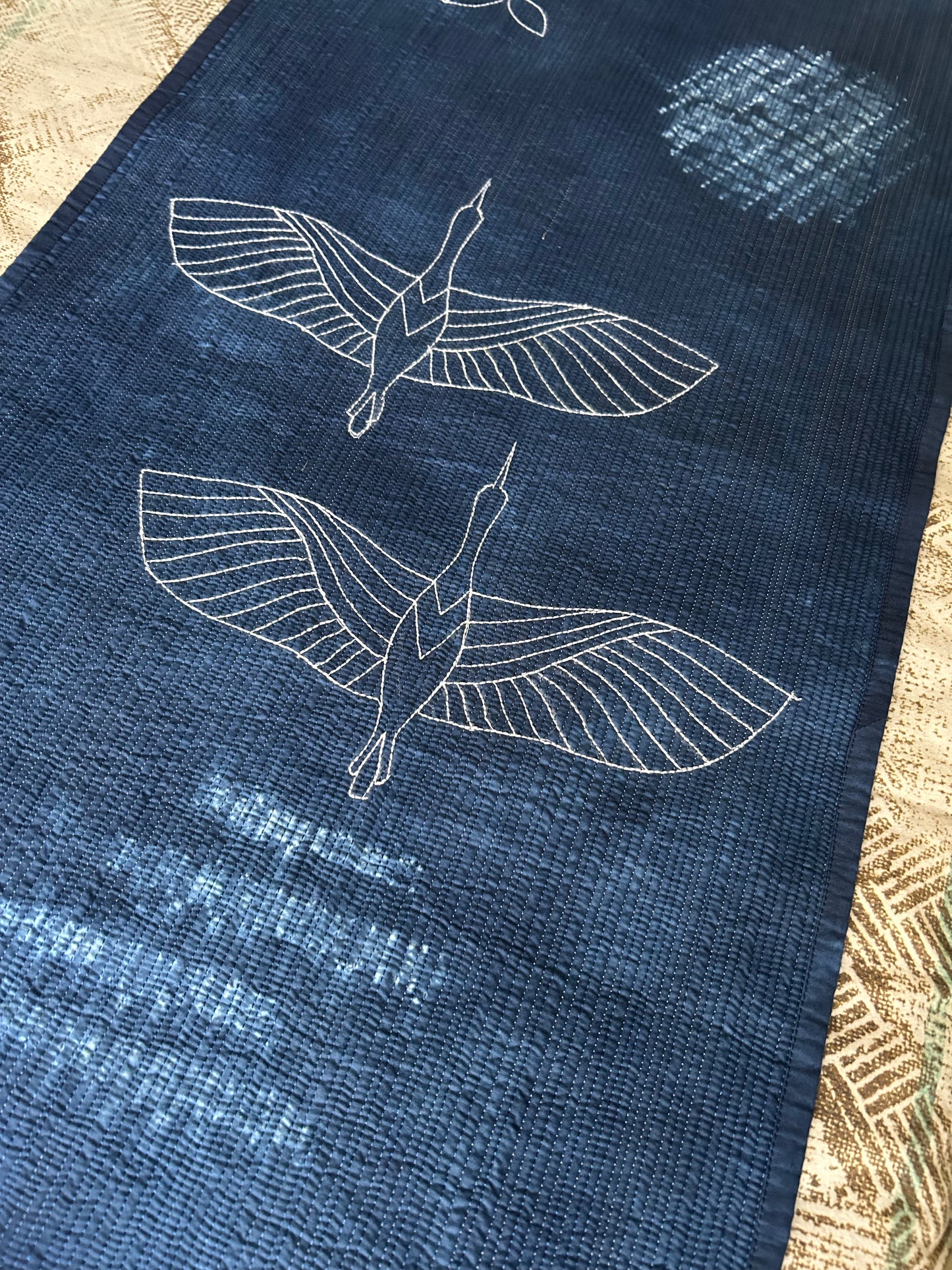 Cranes in Moonlight Wall Art Quilt | Japandi Indigo Shibori Textile Art Sale