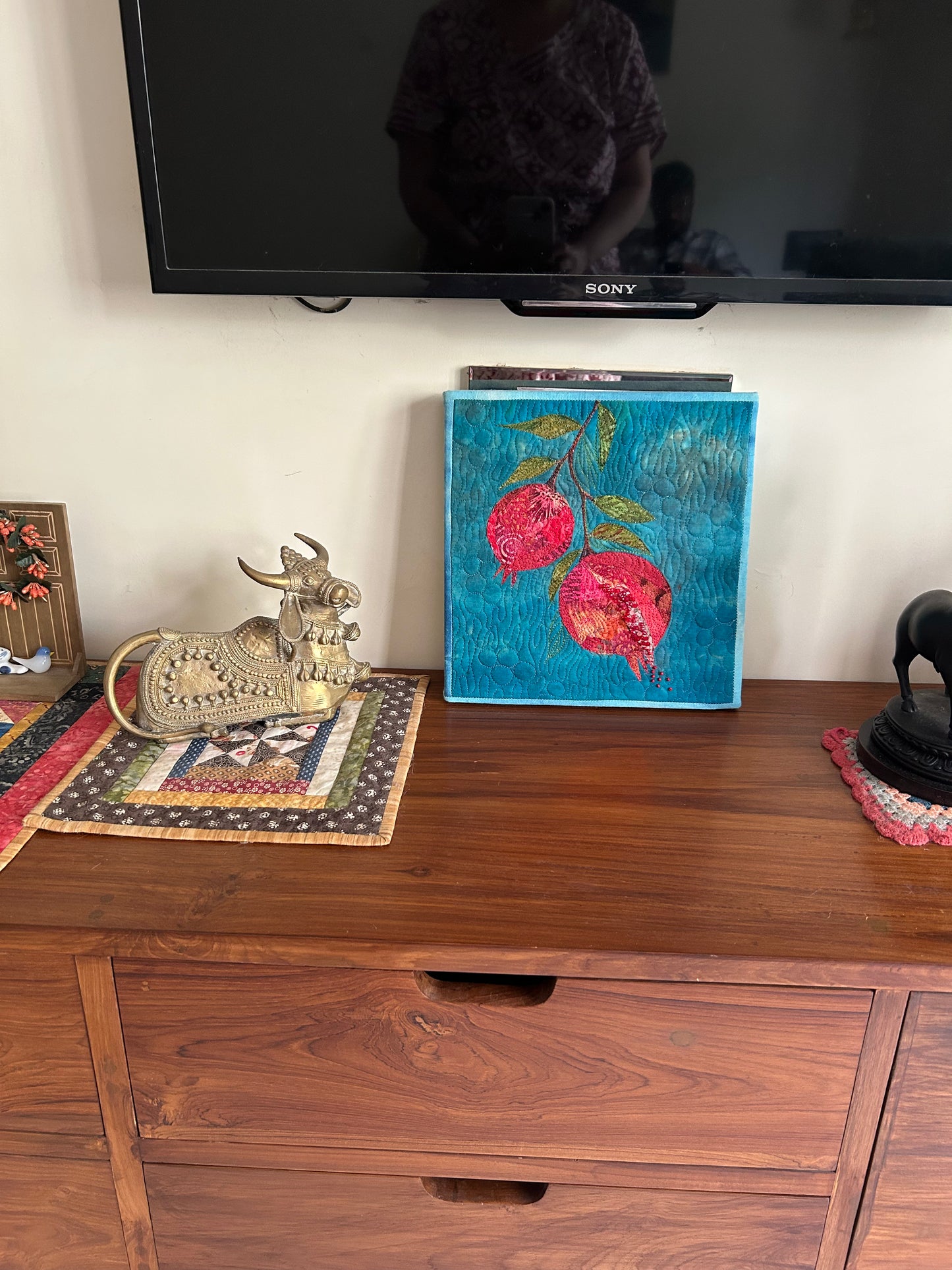 Pomegranate wall art , textile art canvas