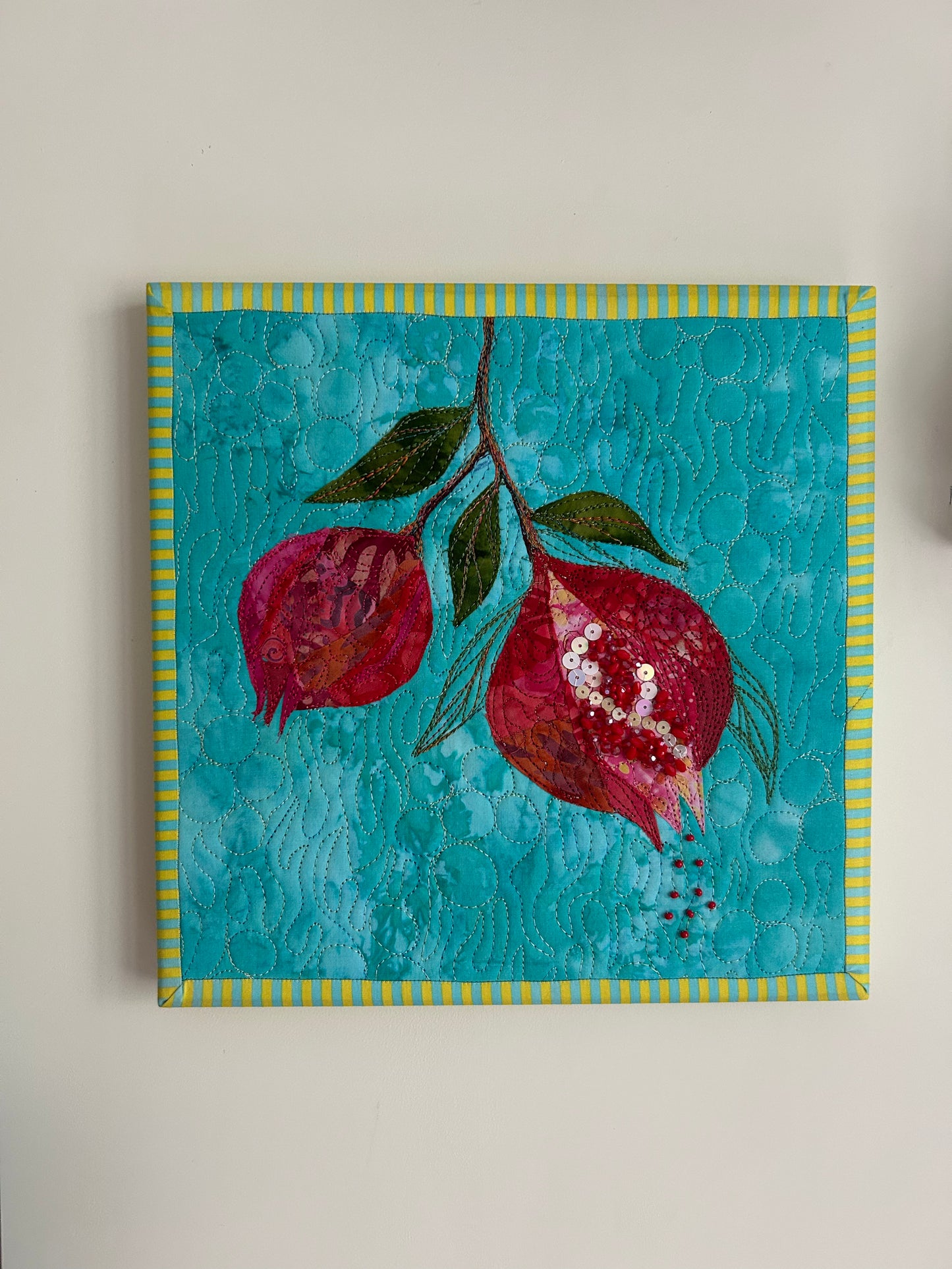 Beaded Pomegranate Textile Wall Art, Framed wall Art