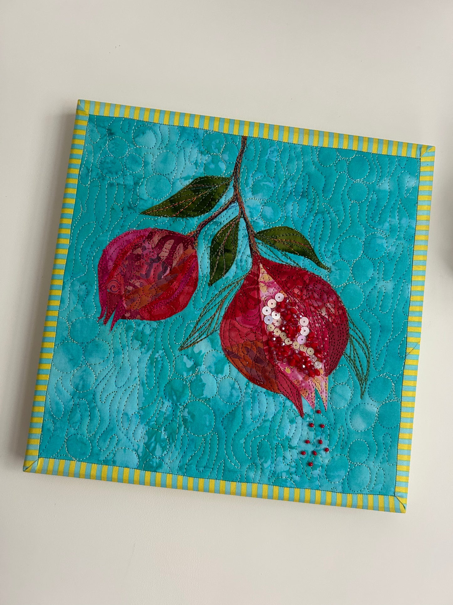 Beaded Pomegranate Textile Wall Art, Framed wall Art