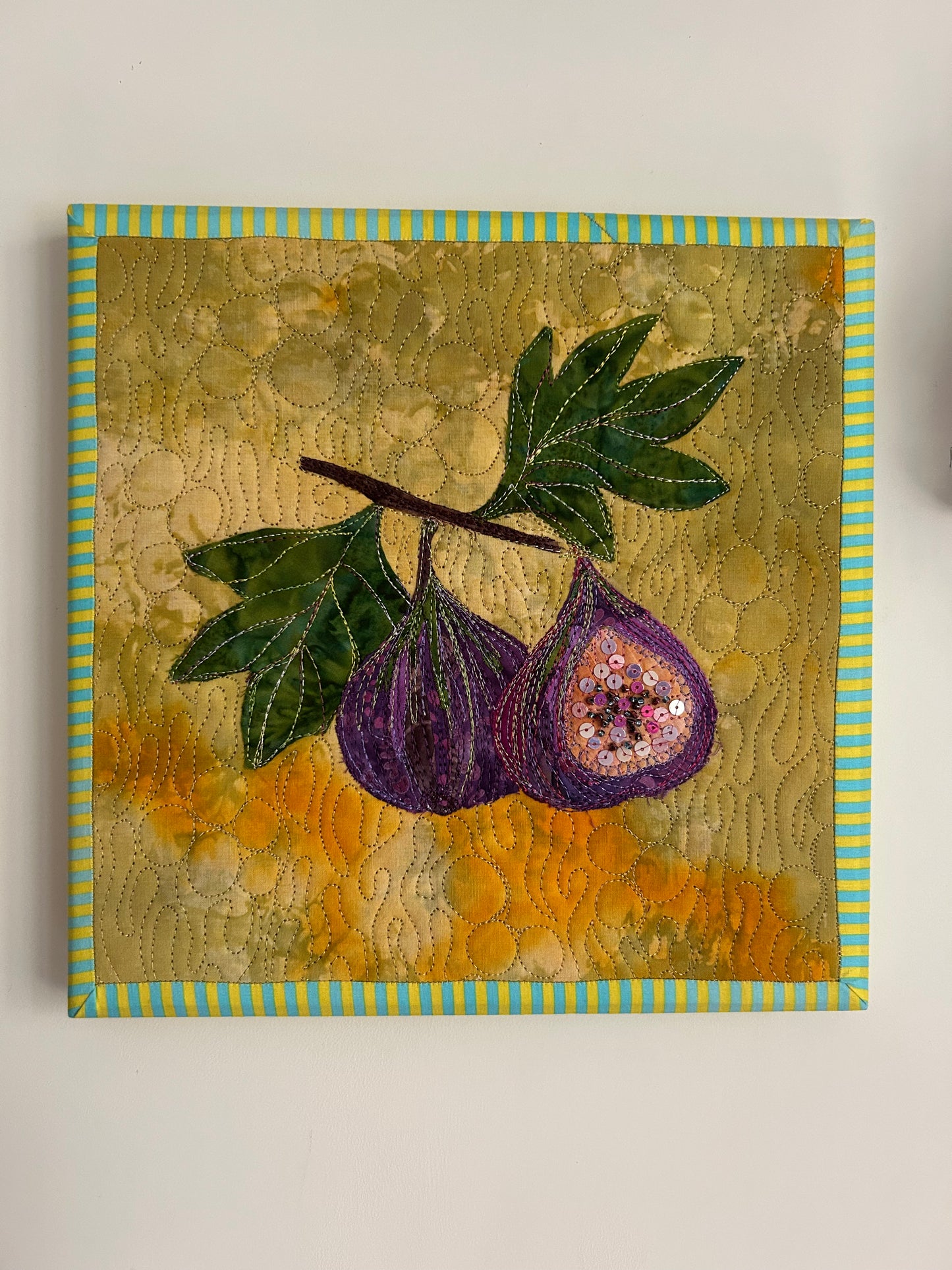 Fig Wall Art, Original Beaded Fiber  Fruit Art, Framed Textile Painting