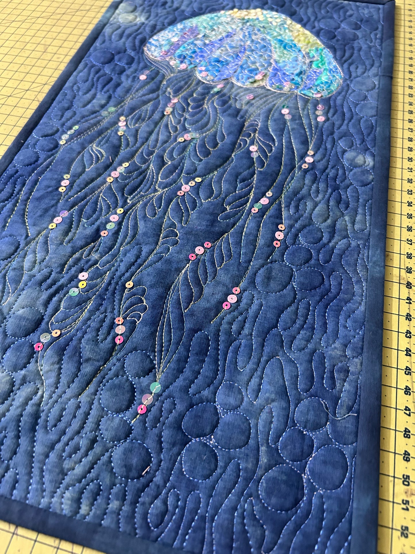 Jellyfish Textile wall Art quilt | Small Ocean Art As Beach House Decor