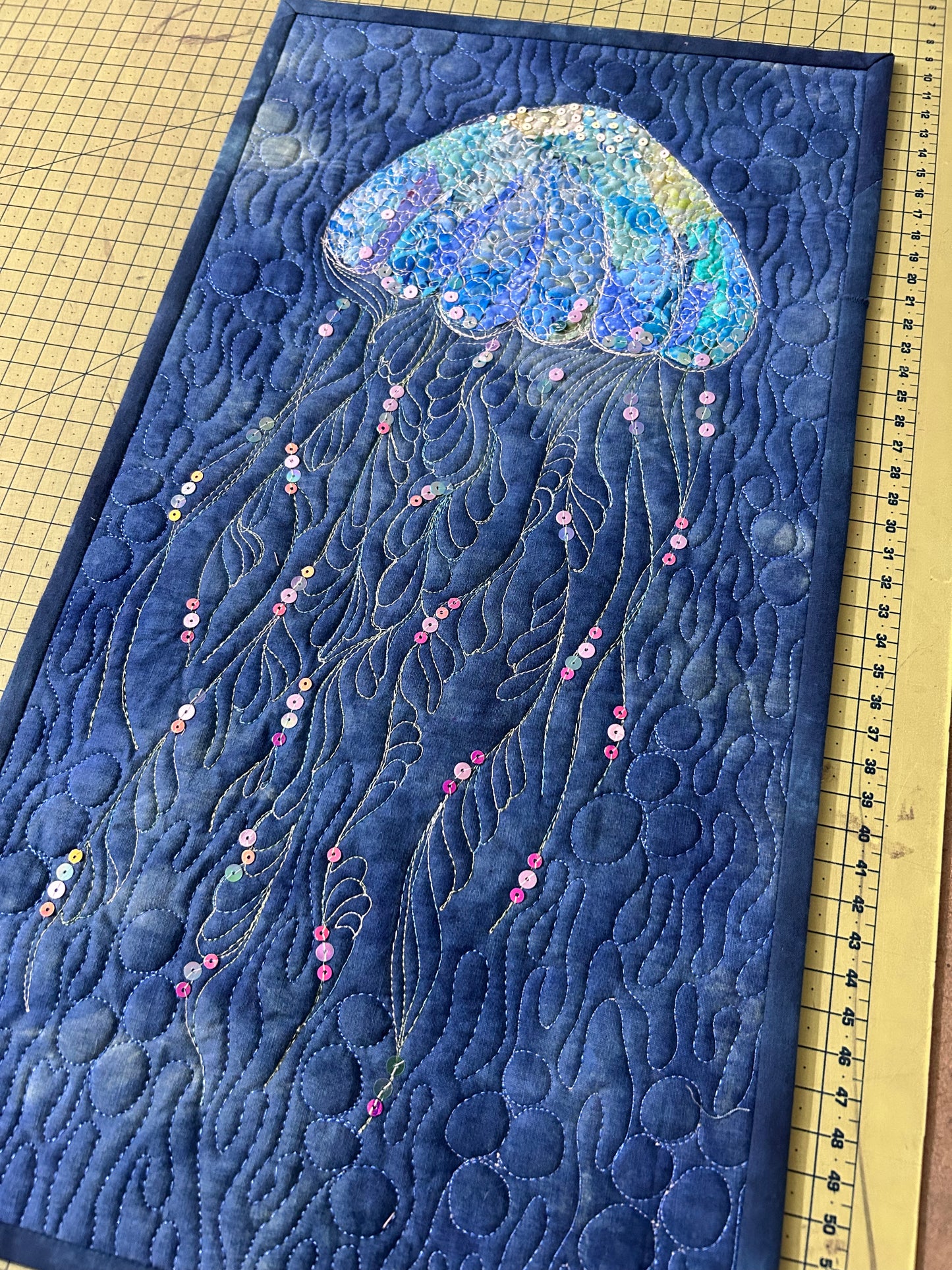 Jellyfish Textile wall Art quilt | Small Ocean Art As Beach House Decor