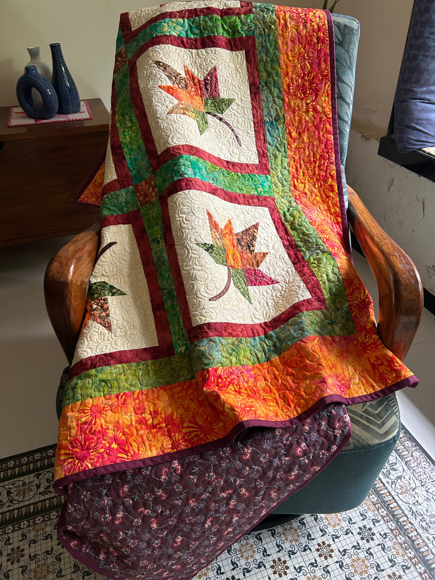 Maple Leafs and pumpkins Fall quilt - Handmade quilted throw