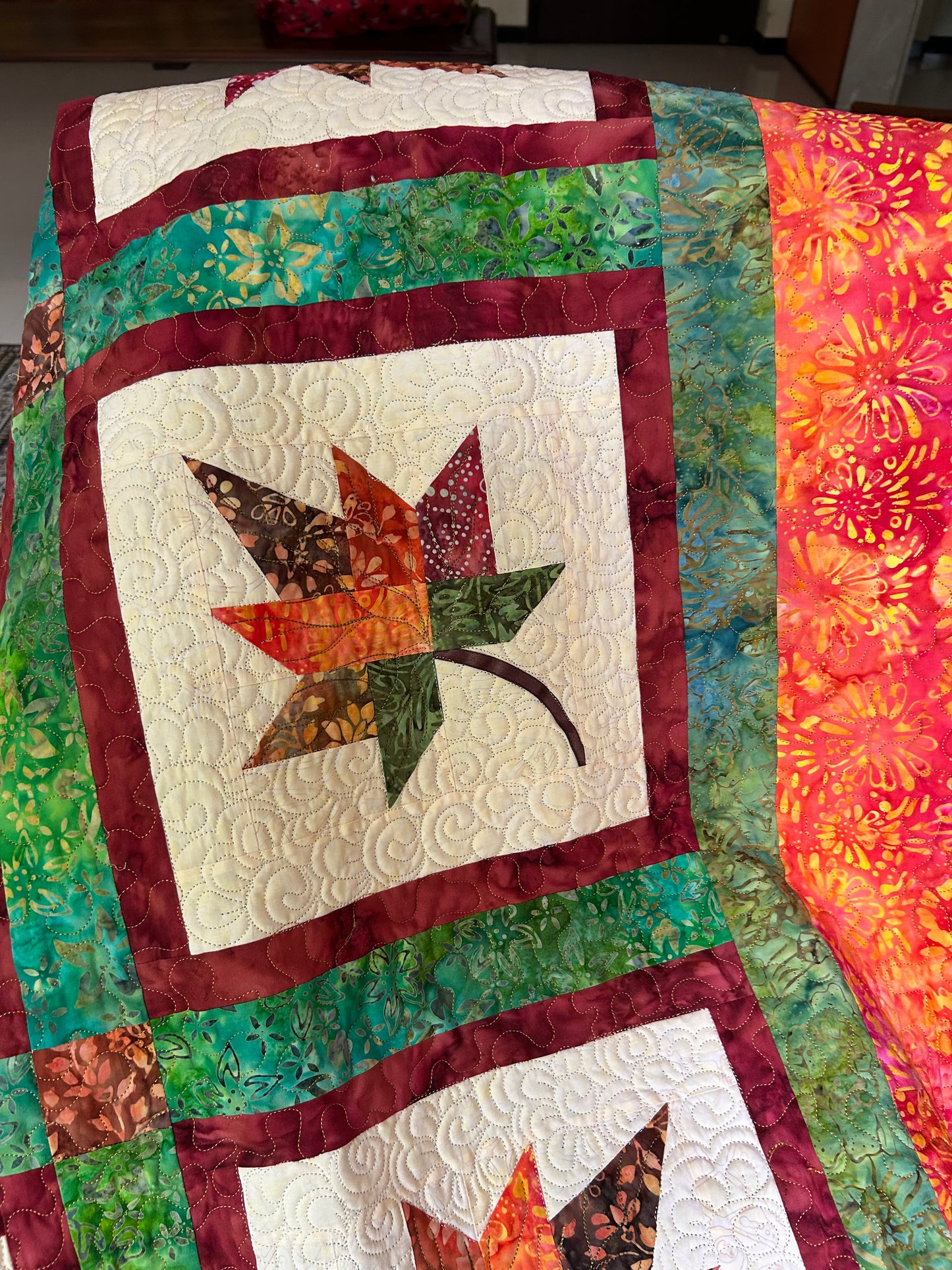 Maple Leafs and pumpkins Fall quilt - Handmade quilted throw