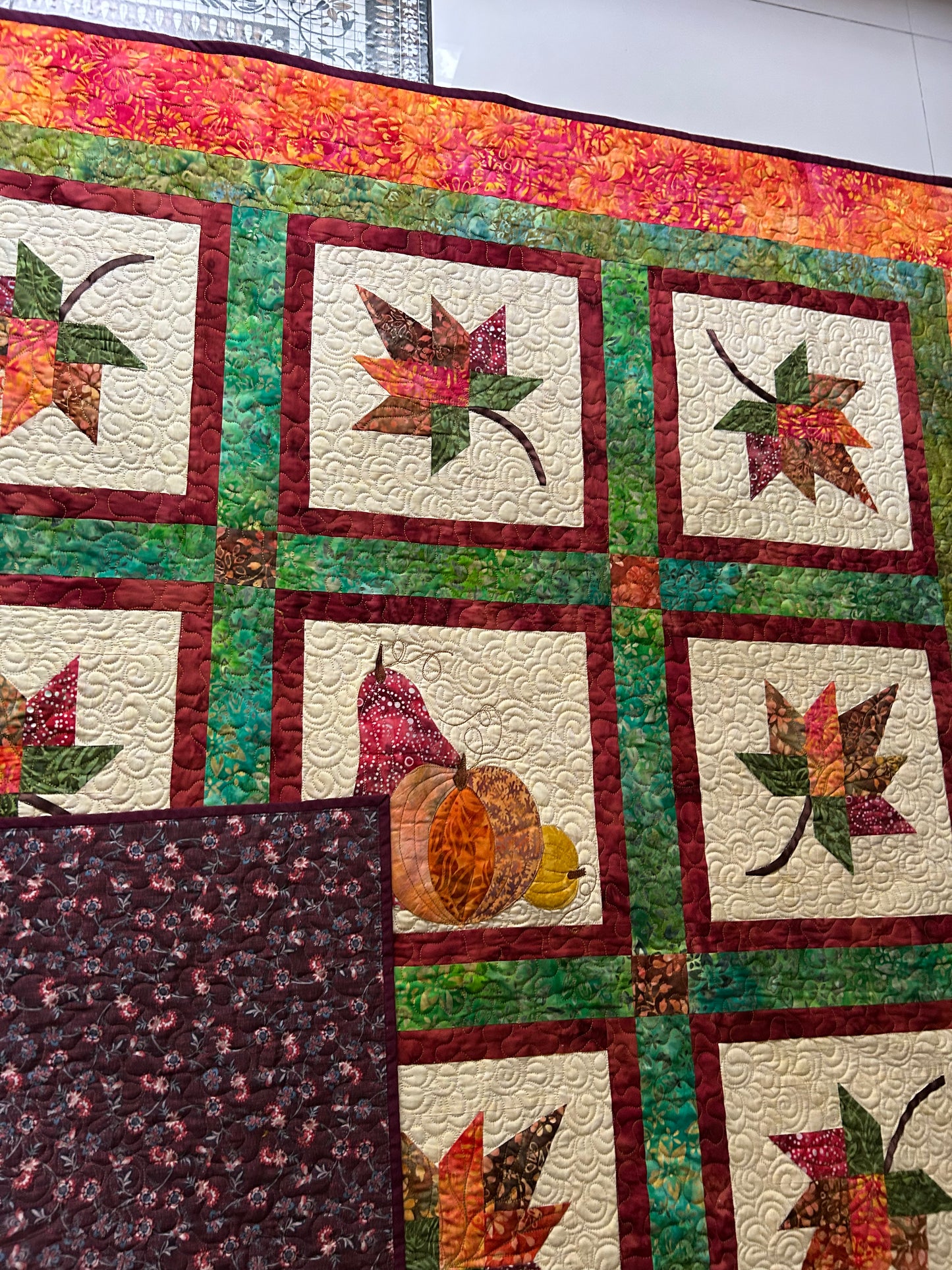 Maple Leafs and pumpkins Fall quilt - Handmade quilted throw